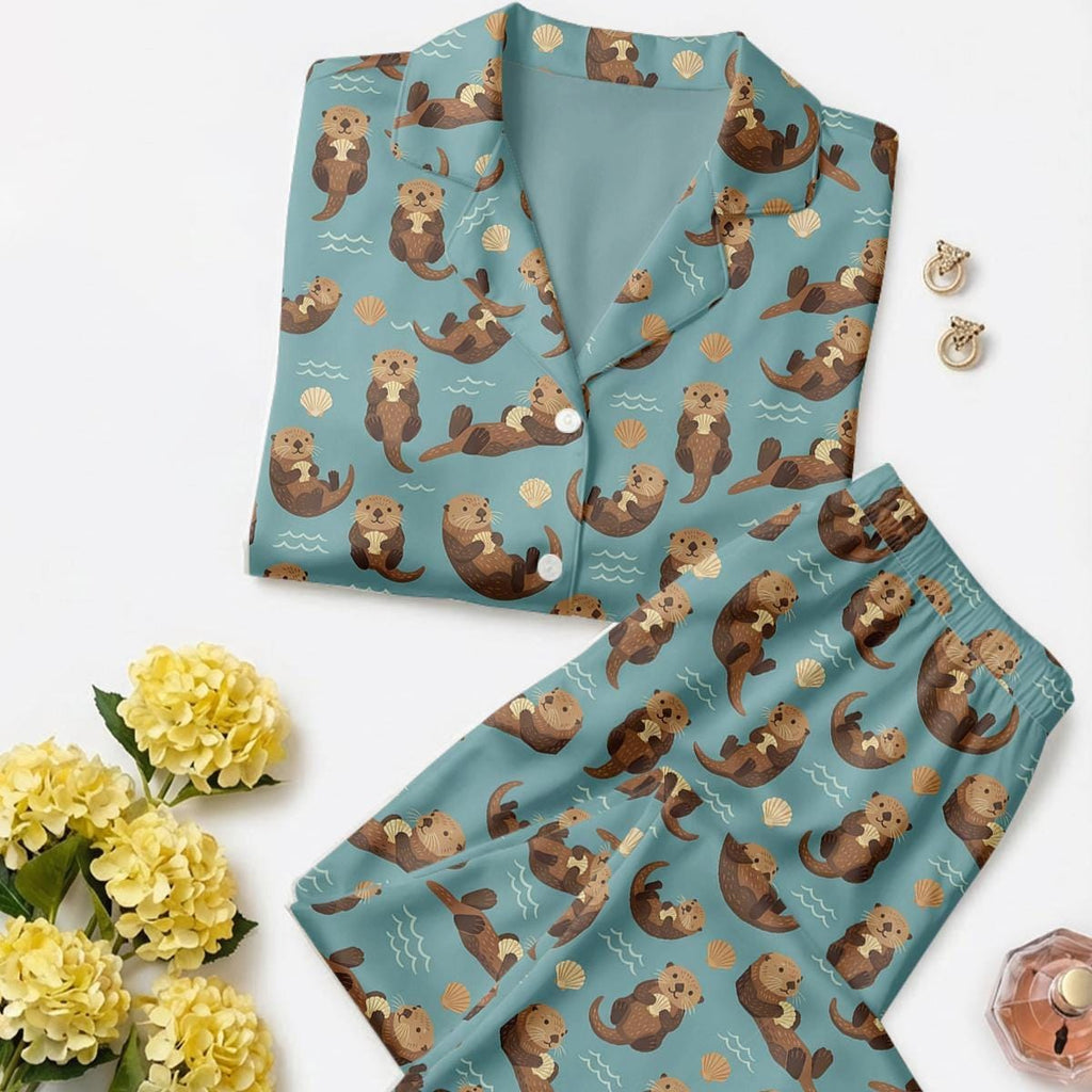 Women’s Long Sleeve Pajama Set – Otter Print Sleepwear, Cozy Lightweight Loungewear for Home
