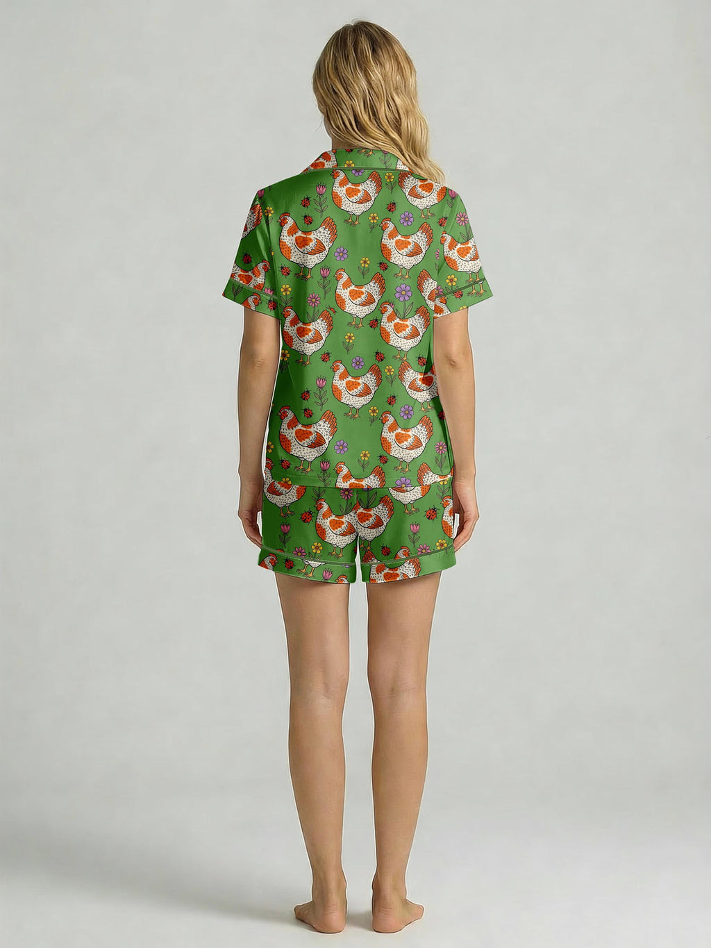 Women’s Short  Pajama Set – Playful Hen & Floral Print Sleepwear, Lightweight Button-Up Loungewear for Summer,Git for Her