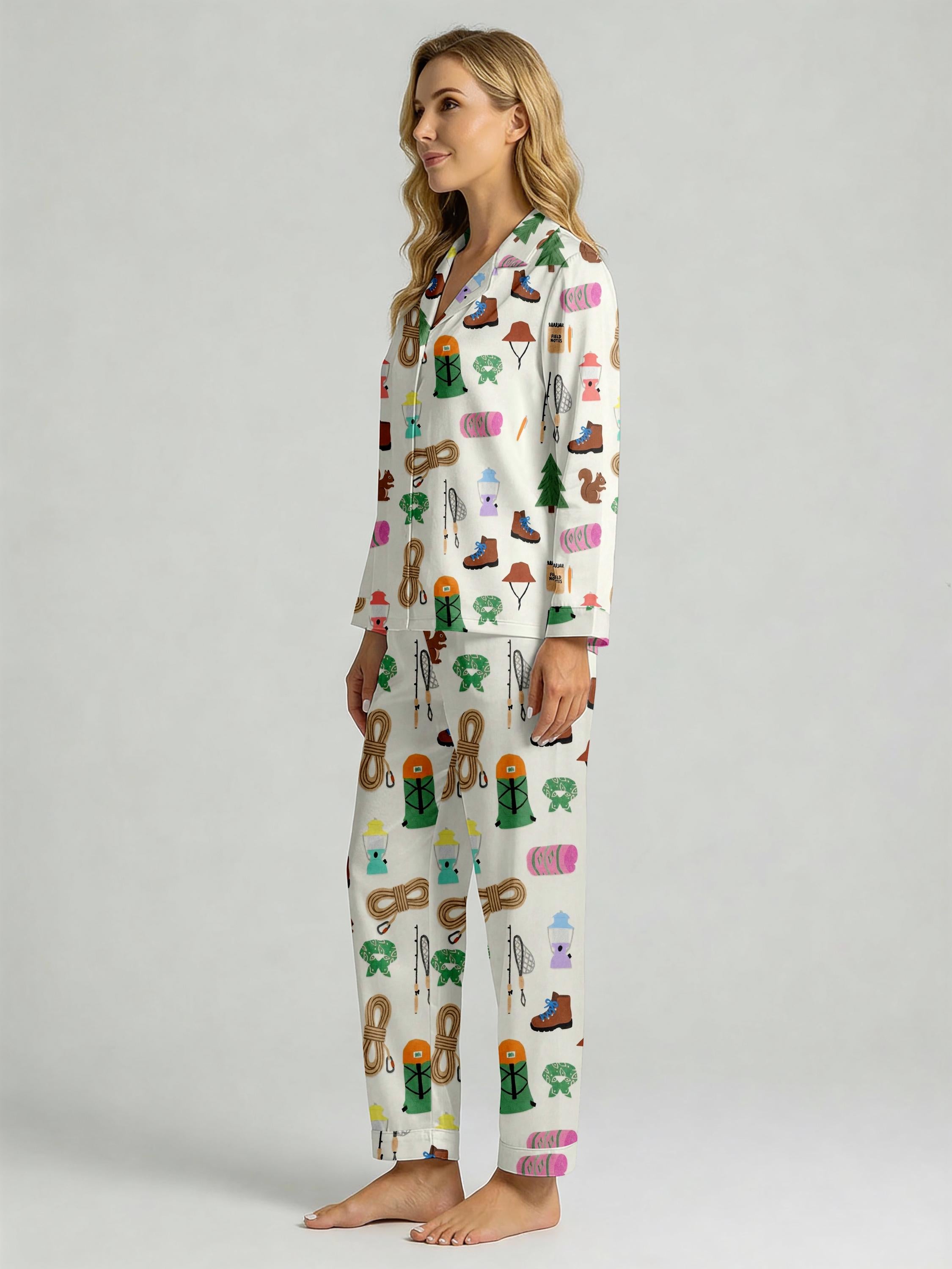 Women's Pajama Set, Outdoor Hiker Print Loungewear, Cozy Sleepwear