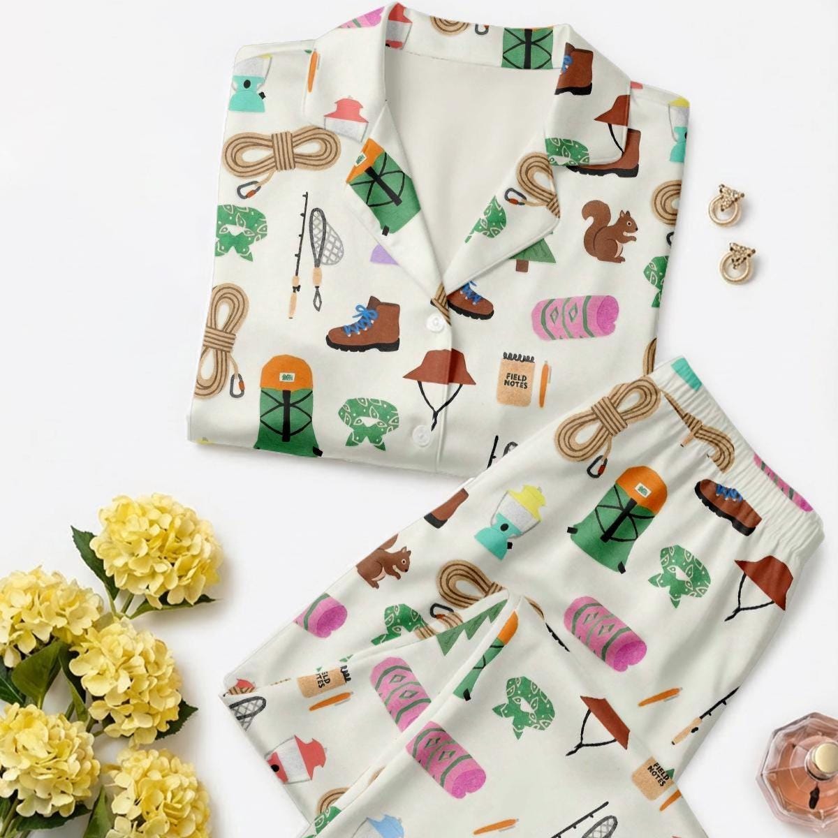 Women's Pajama Set, Outdoor Hiker Print Loungewear, Cozy Sleepwear