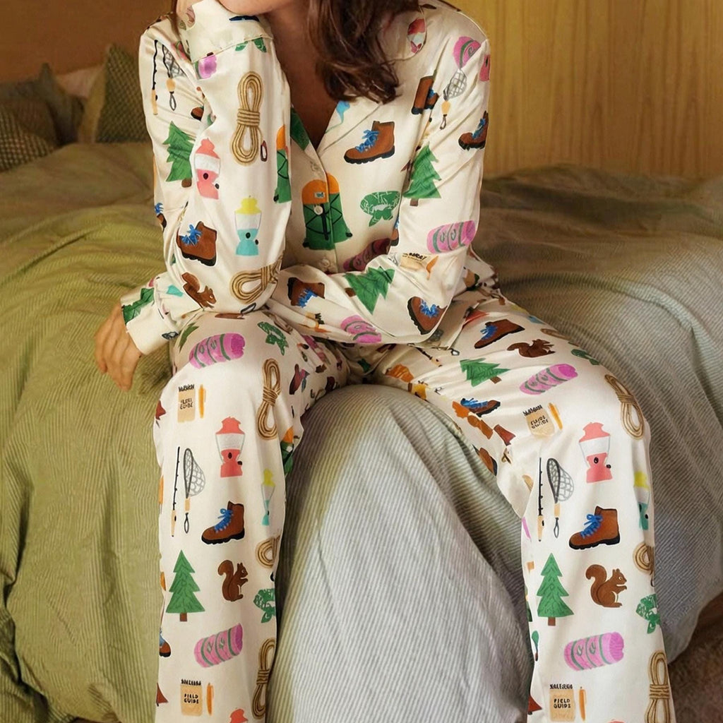 Women's Pajama Set, Outdoor Hiker Print Loungewear, Cozy Sleepwear