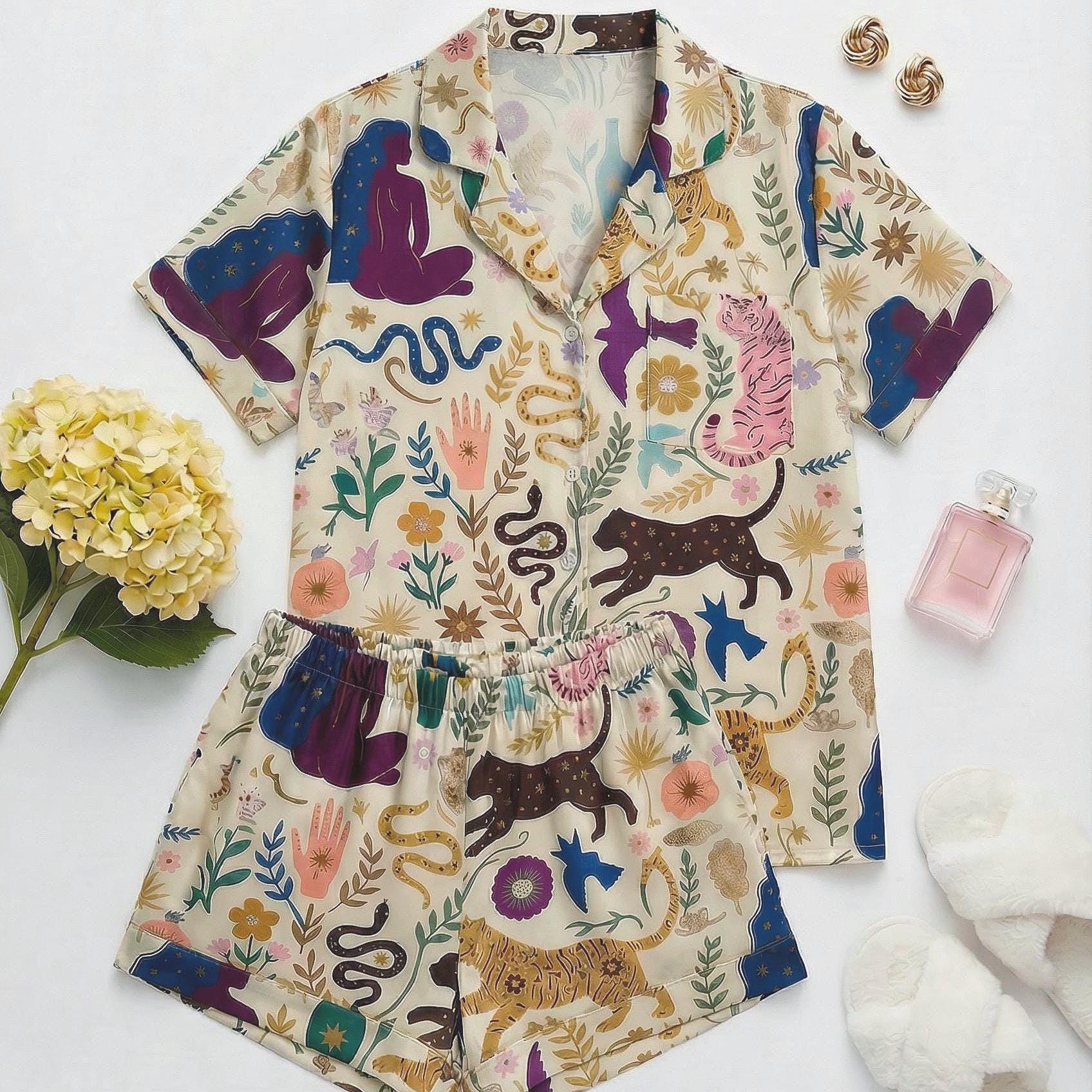 Women’s Pajama Set Short Sleeve – Runescape Animal & Botanical Print Sleepwear, Cozy Loungewear gift for her,Witchy Mystical
