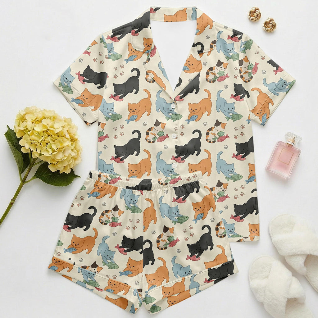 Plus Size Cat Print Pajama Set – Soft Satin Sleepwear, Lightweight Lounge PJs
