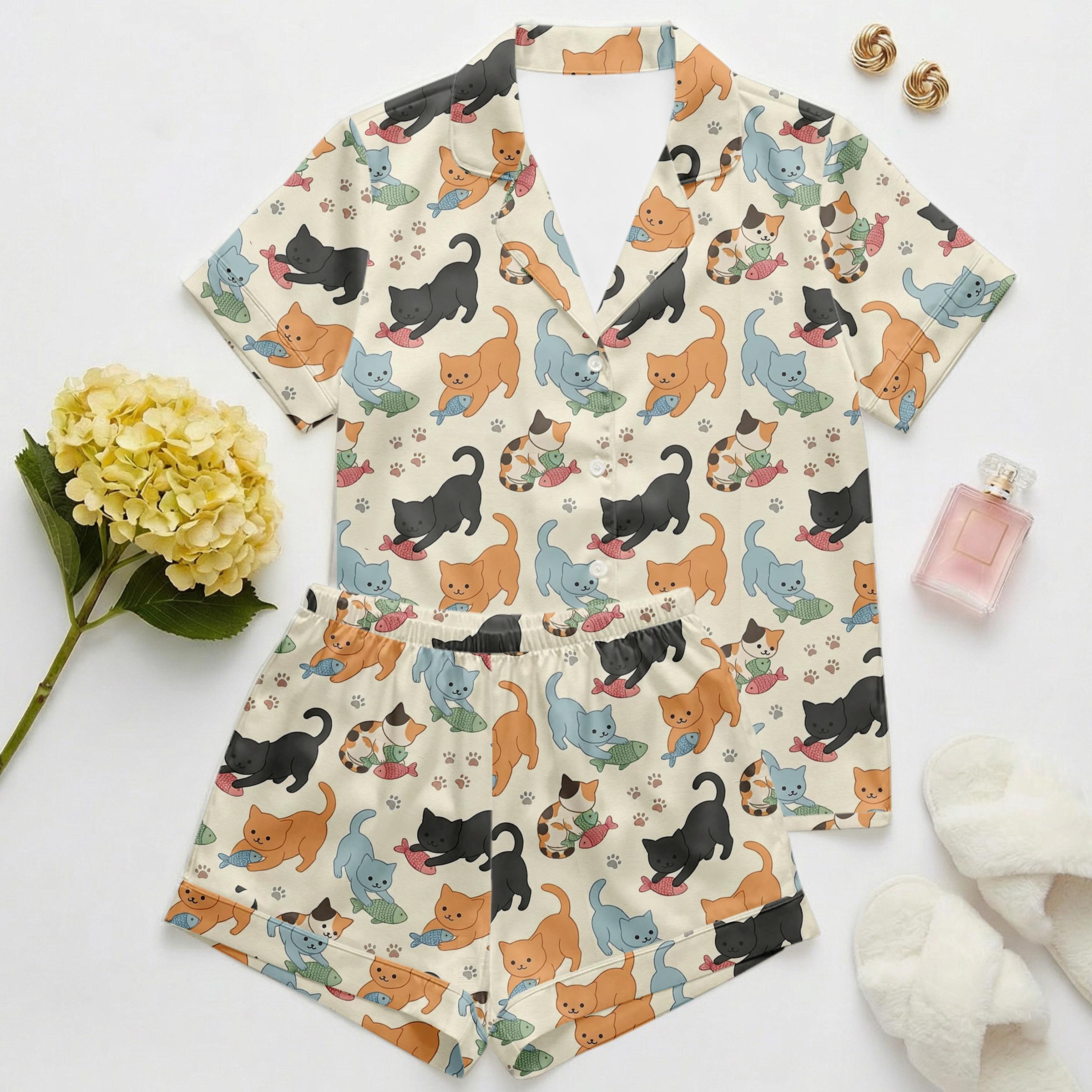 Plus Size Cat Print Pajama Set – Soft Satin Sleepwear, Lightweight Lounge PJs