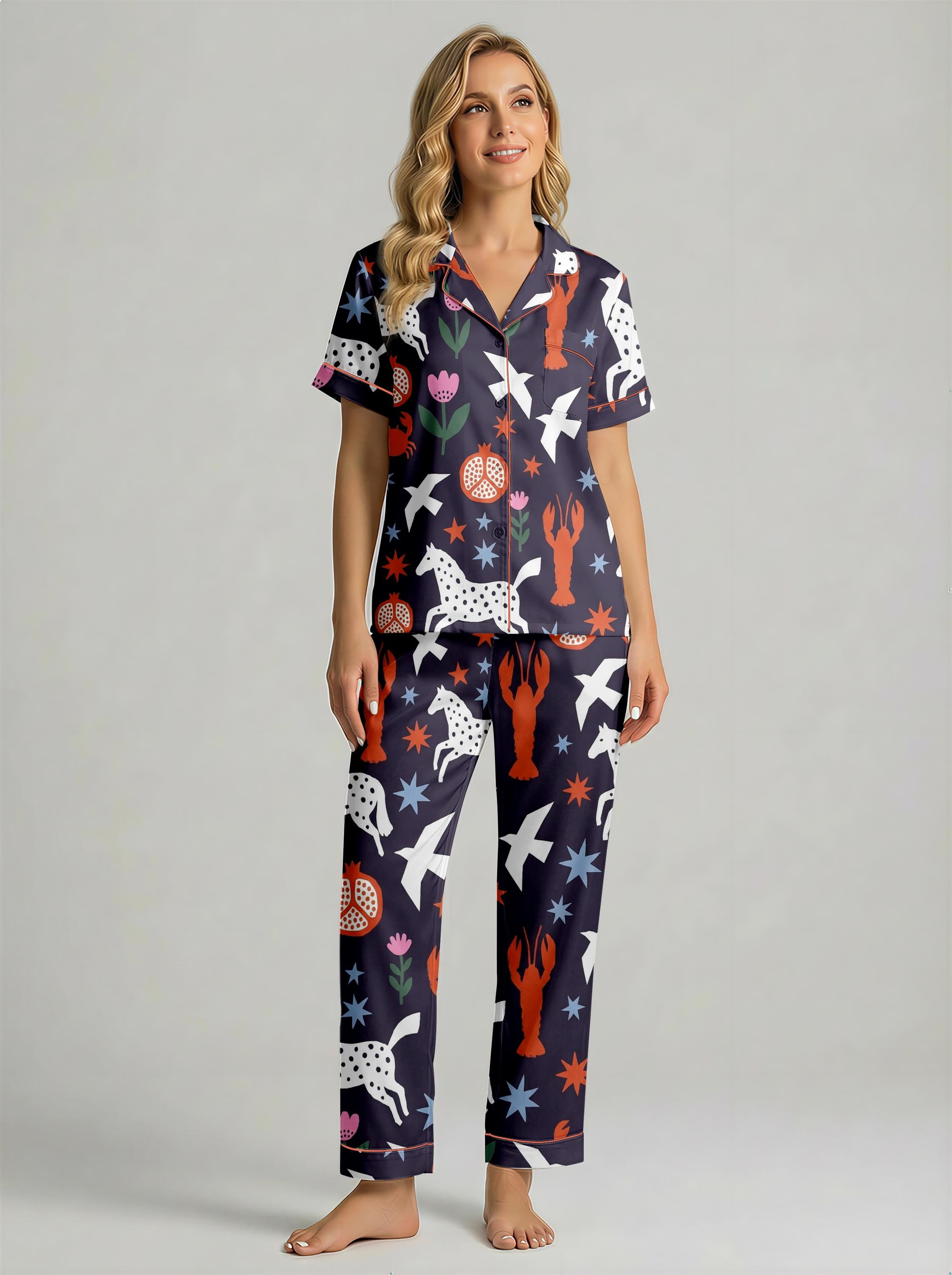 Satin Pajama Set, Navy Lobster Print Loungewear
