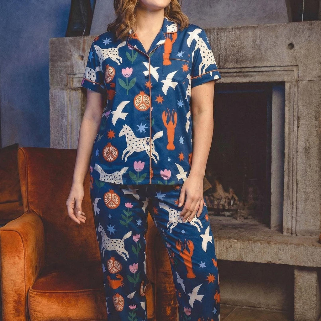 Satin Pajama Set, Navy Lobster Print Loungewear