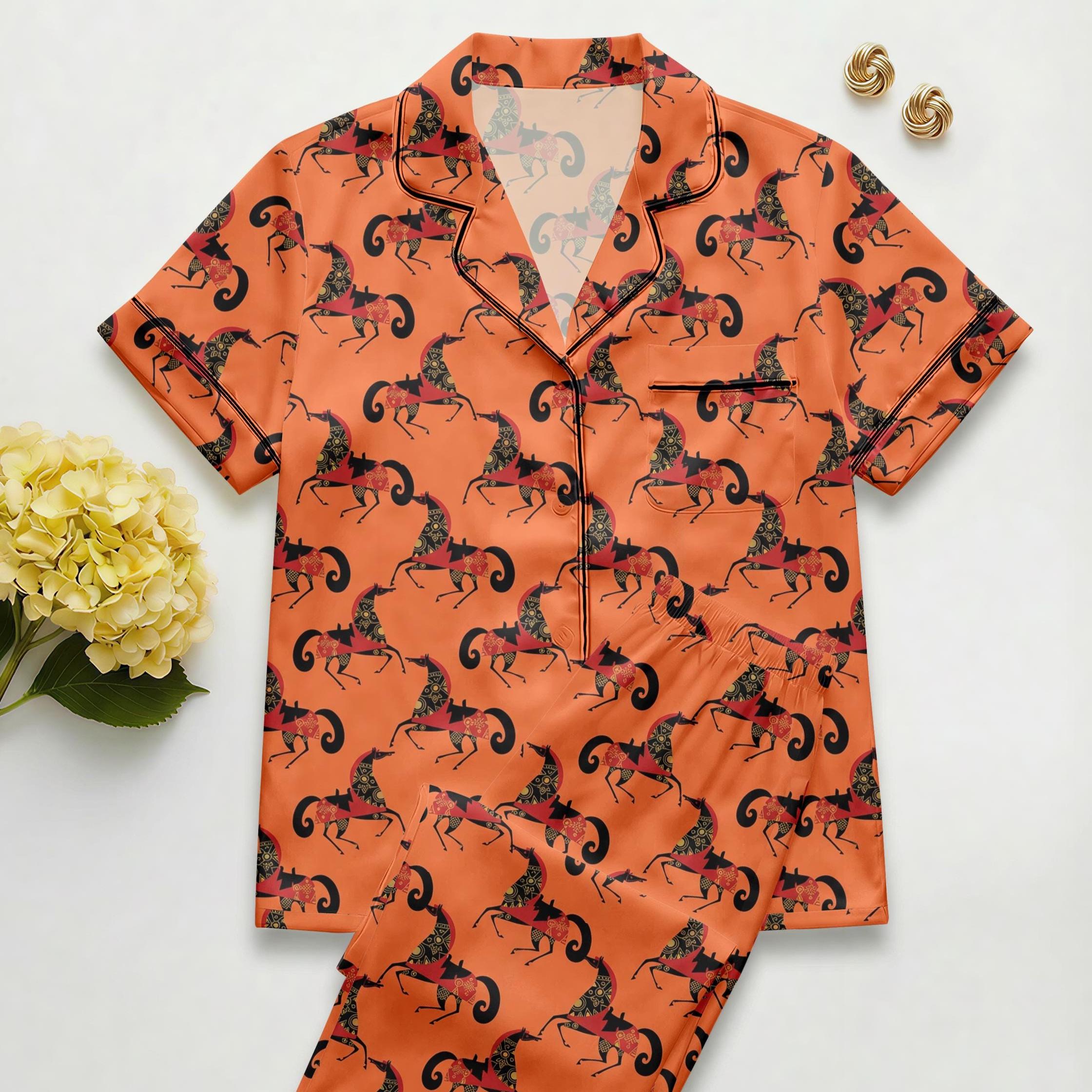 Lunar New Year Pajama Set – Women's Faux Silk Horse Print Sleepwear