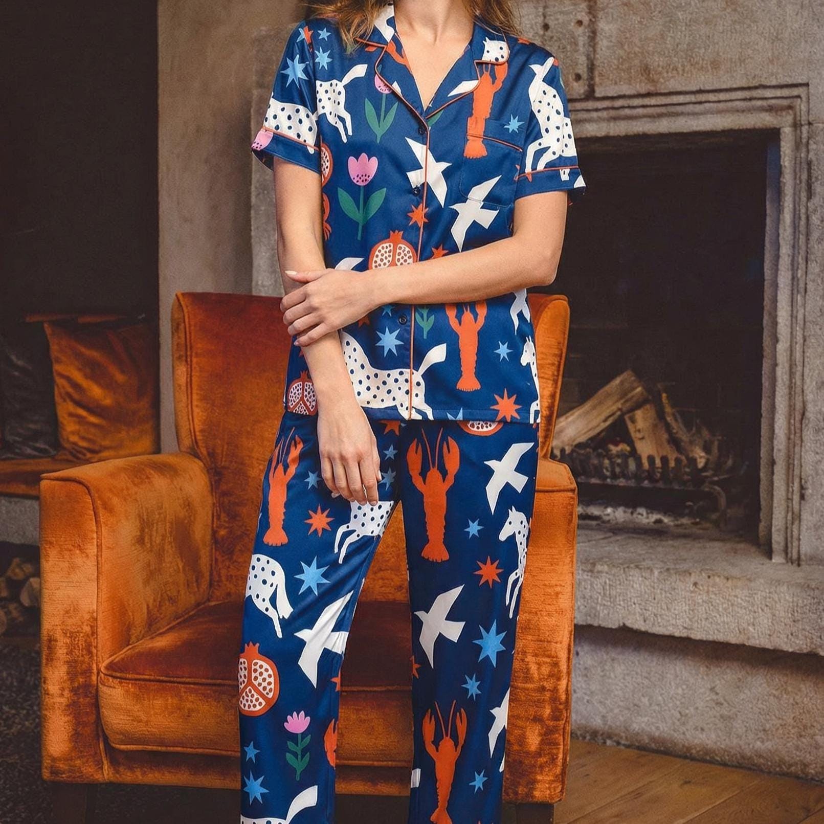 Satin Pajama Set, Navy Lobster Print Loungewear