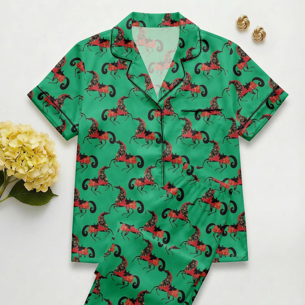 Lunar New Year Pajama Set – Women's Faux Silk Horse Print Sleepwear