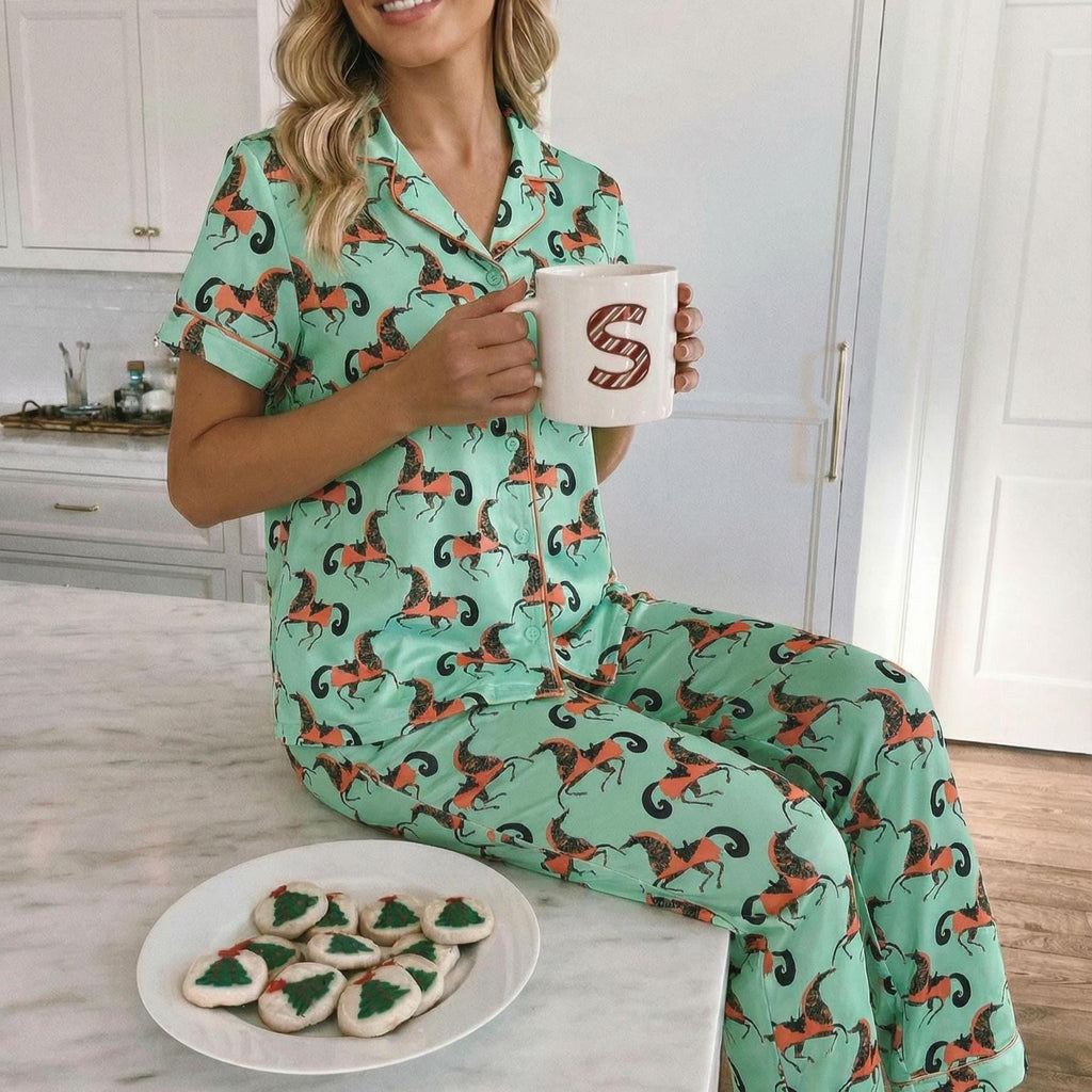 Lunar New Year Pajama Set – Women's Faux Silk Horse Print Sleepwear
