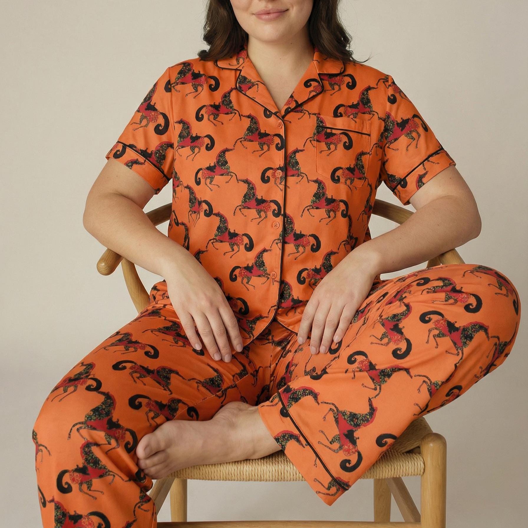 Lunar New Year Pajama Set – Women's Faux Silk Horse Print Sleepwear