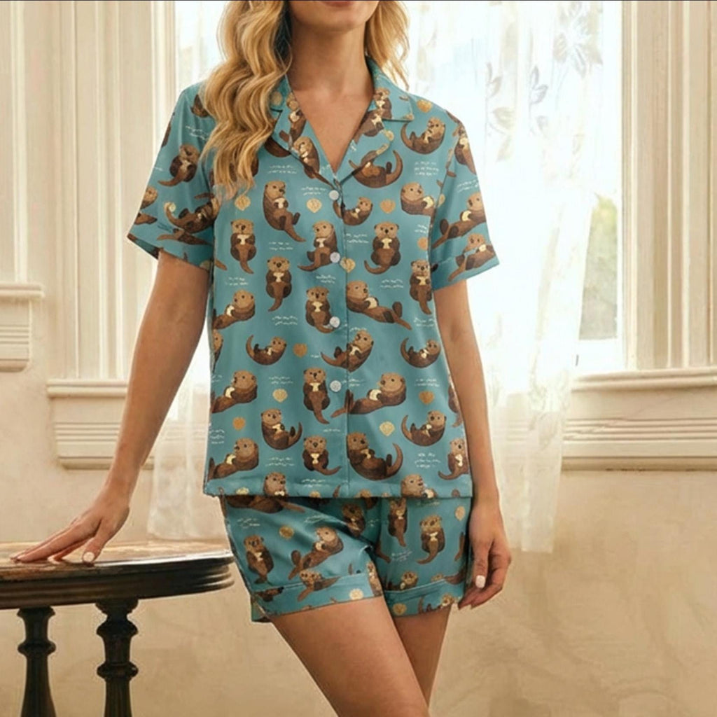 Women’s  Pajama Set – Otter Print Sleepwear,Gift for Her,Gift for Mom Cozy Lightweight ,matching pajamas,Otter gift