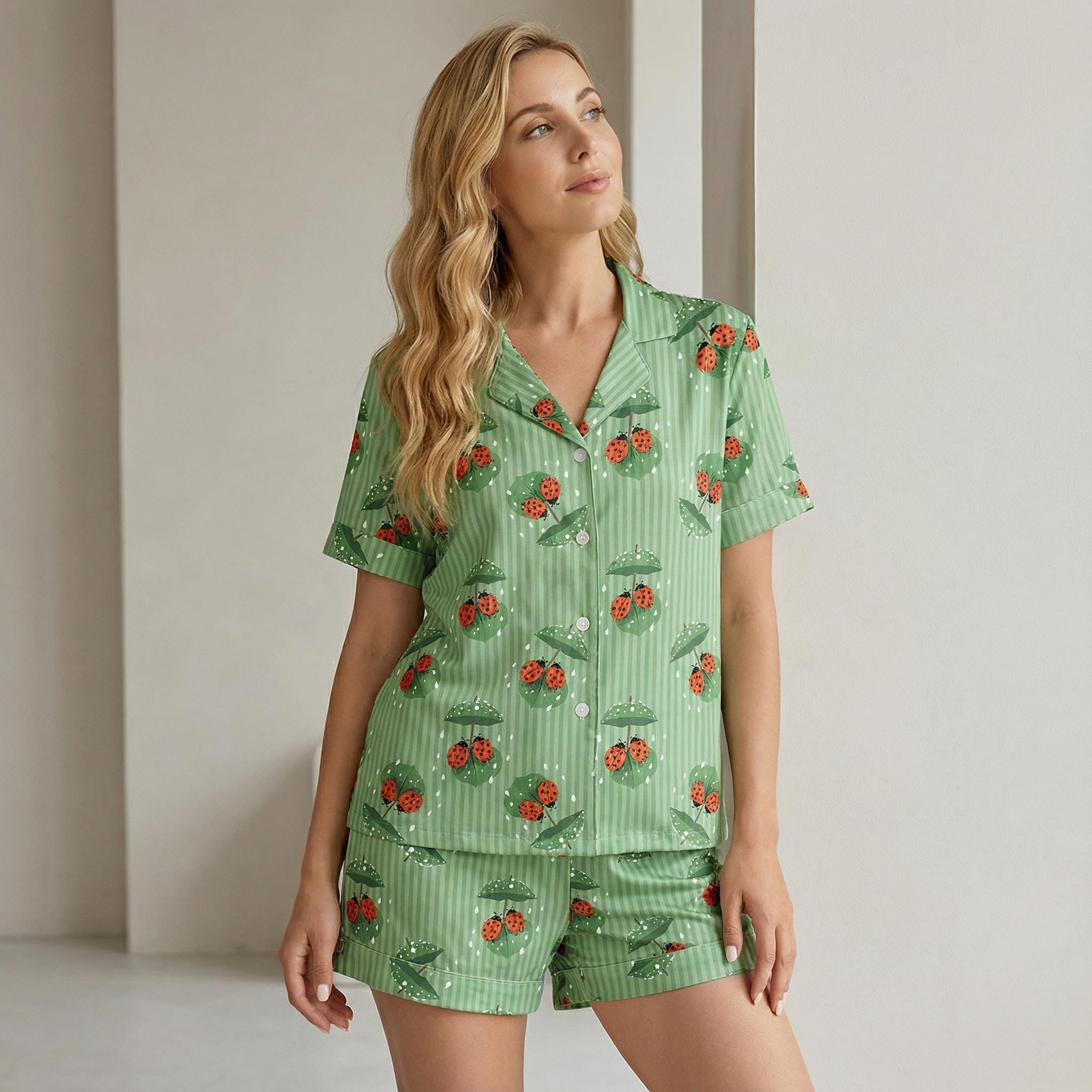 Ladybug Pajama Set, Satin Short Sleeve Sleepwear, Cottagecore Spring Print PJs