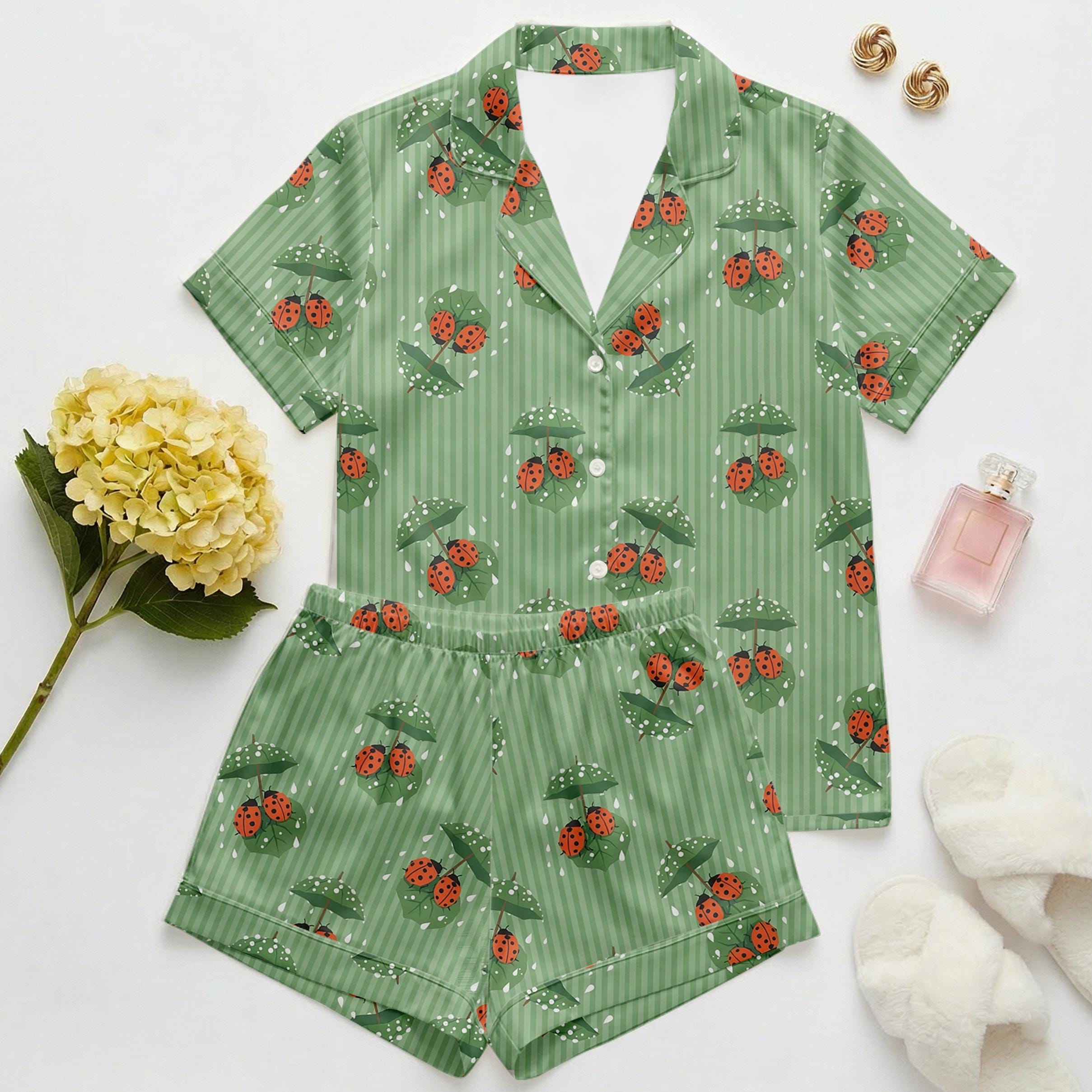 Ladybug Pajama Set, Satin Short Sleeve Sleepwear, Cottagecore Spring Print PJs