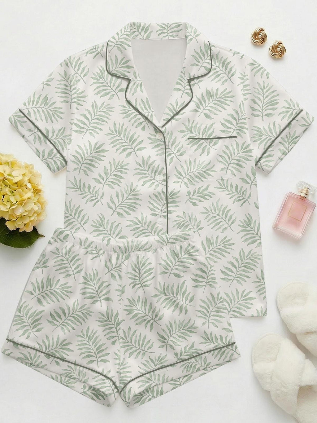 Plus Size Tropical Plant Pajama Set – Women's Short Sleeve Sleepwear
