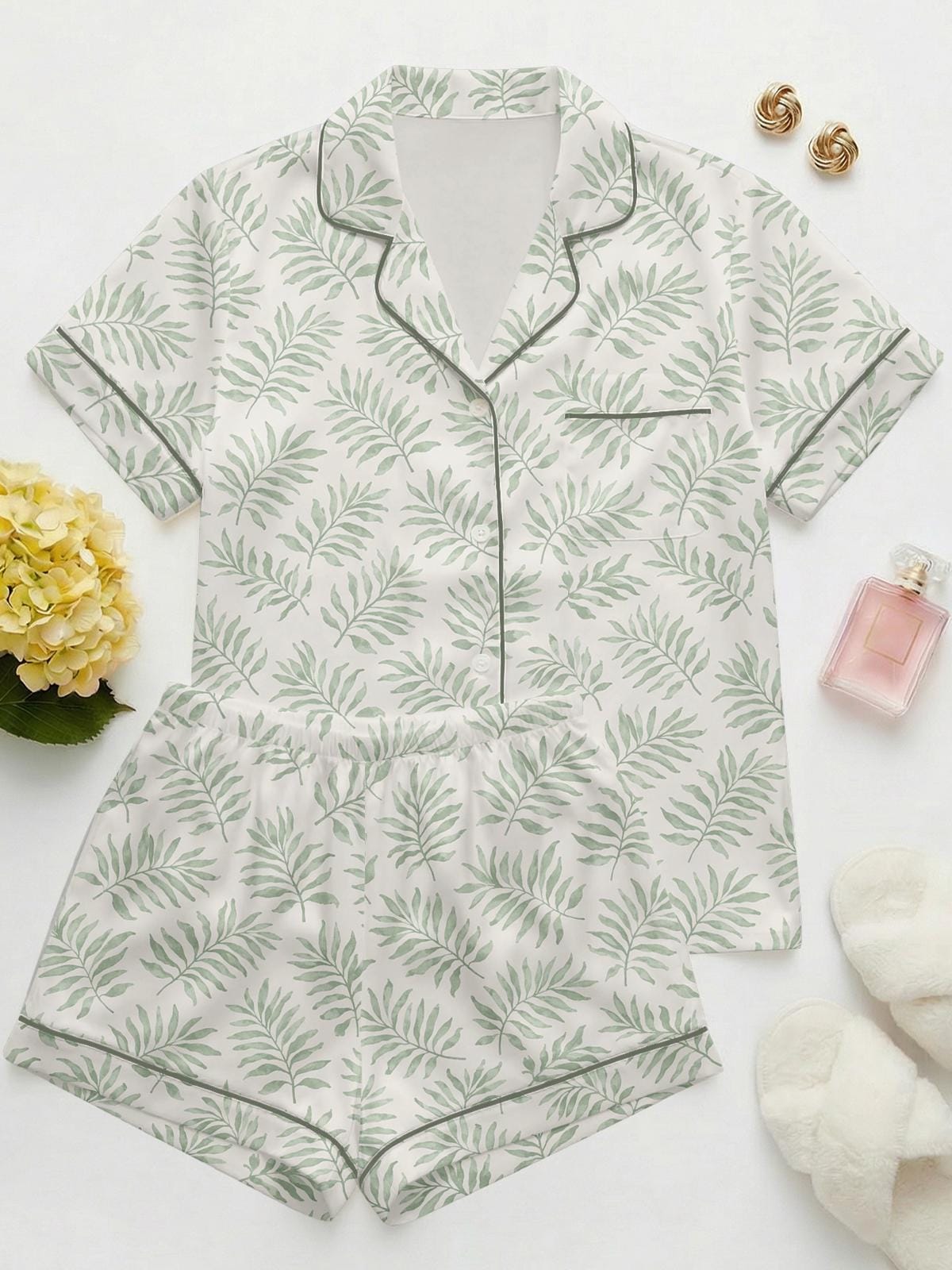 Plus Size Tropical Plant Pajama Set – Women's Short Sleeve Sleepwear