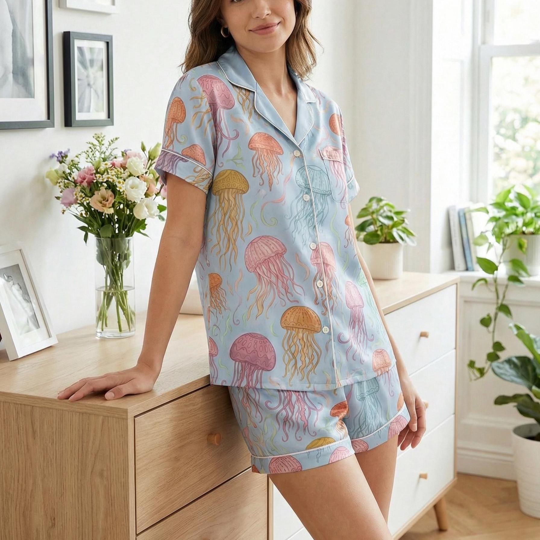 Jellyfish Print Pajama Set, Women's Lightweight Sleepwear