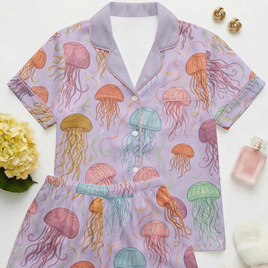 Jellyfish Print Pajama Set, Women's Lightweight Sleepwear