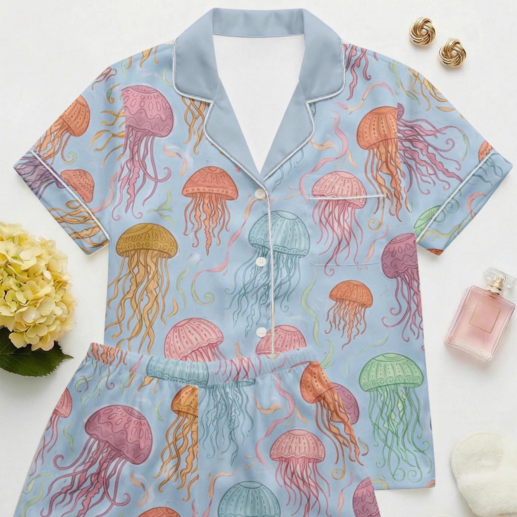 Jellyfish Print Pajama Set, Women's Lightweight Sleepwear
