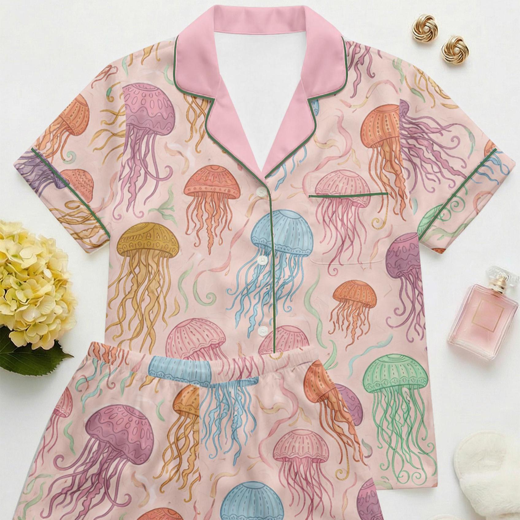Jellyfish Print Pajama Set, Women's Lightweight Sleepwear