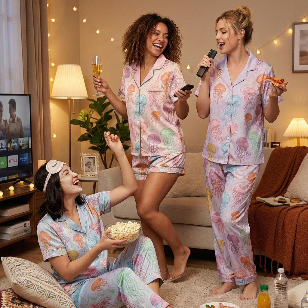 Jellyfish Print Pajama Set, Women's Lightweight Sleepwear