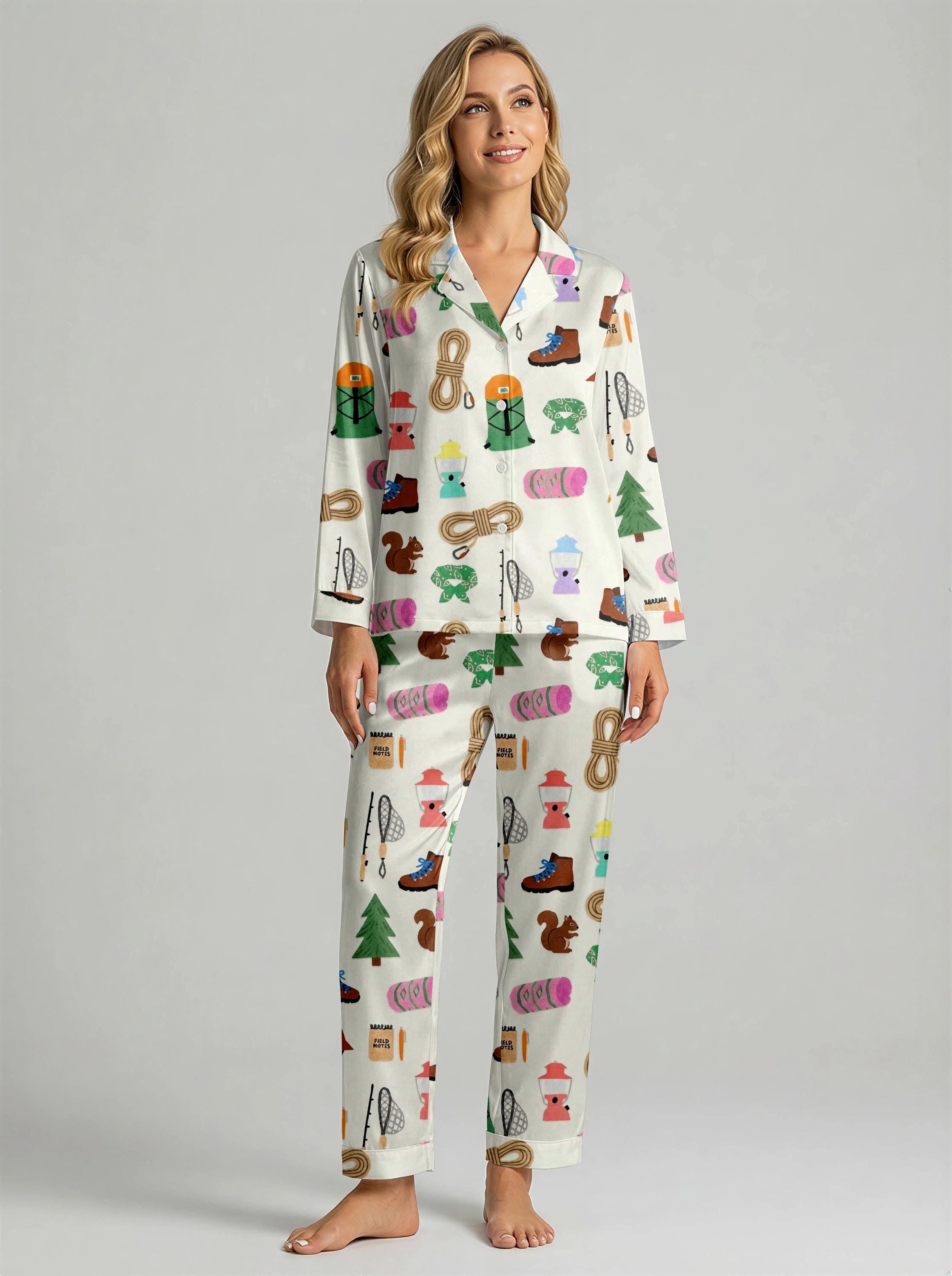 Women's Pajama Set, Outdoor Hiker Print Loungewear, Cozy Sleepwear
