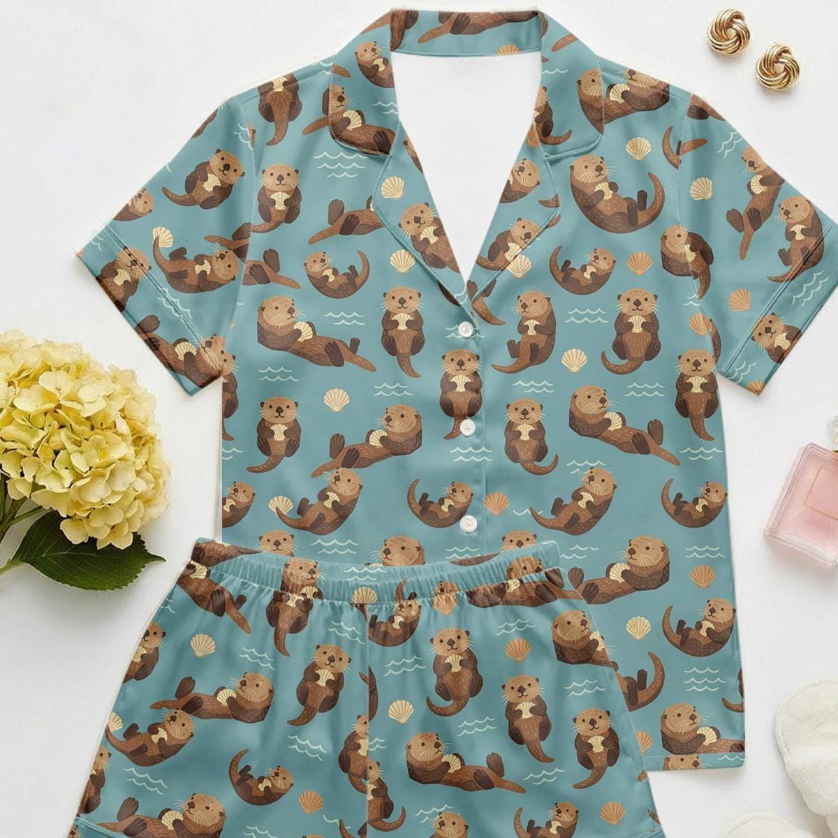 Women’s  Pajama Set – Otter Print Sleepwear,Gift for Her,Gift for Mom Cozy Lightweight ,matching pajamas,Otter gift