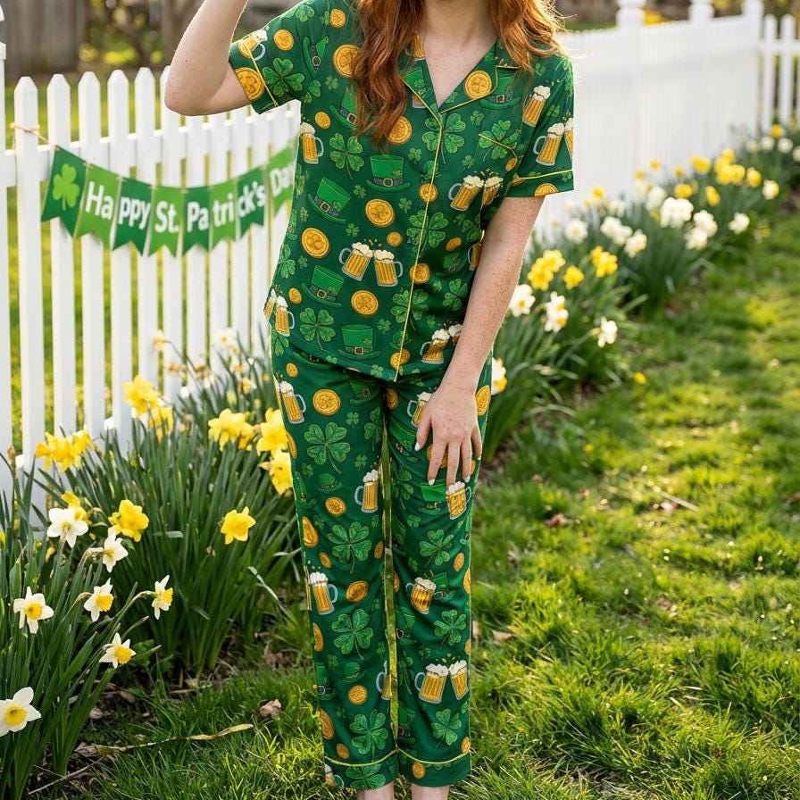 Women's St. Patrick's Day Shamrock Pajama Set, Silky Feel Loungewear