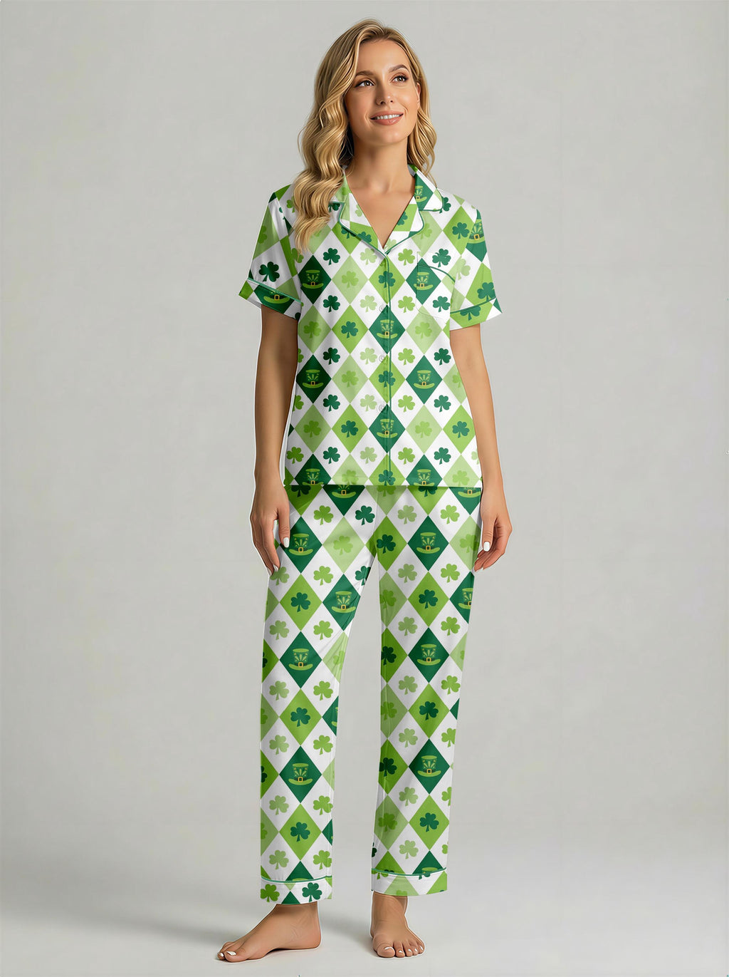 Women's Shamrock Pajama Set, St. Patrick's Day Loungewear, Lightweight Green Sleepwear