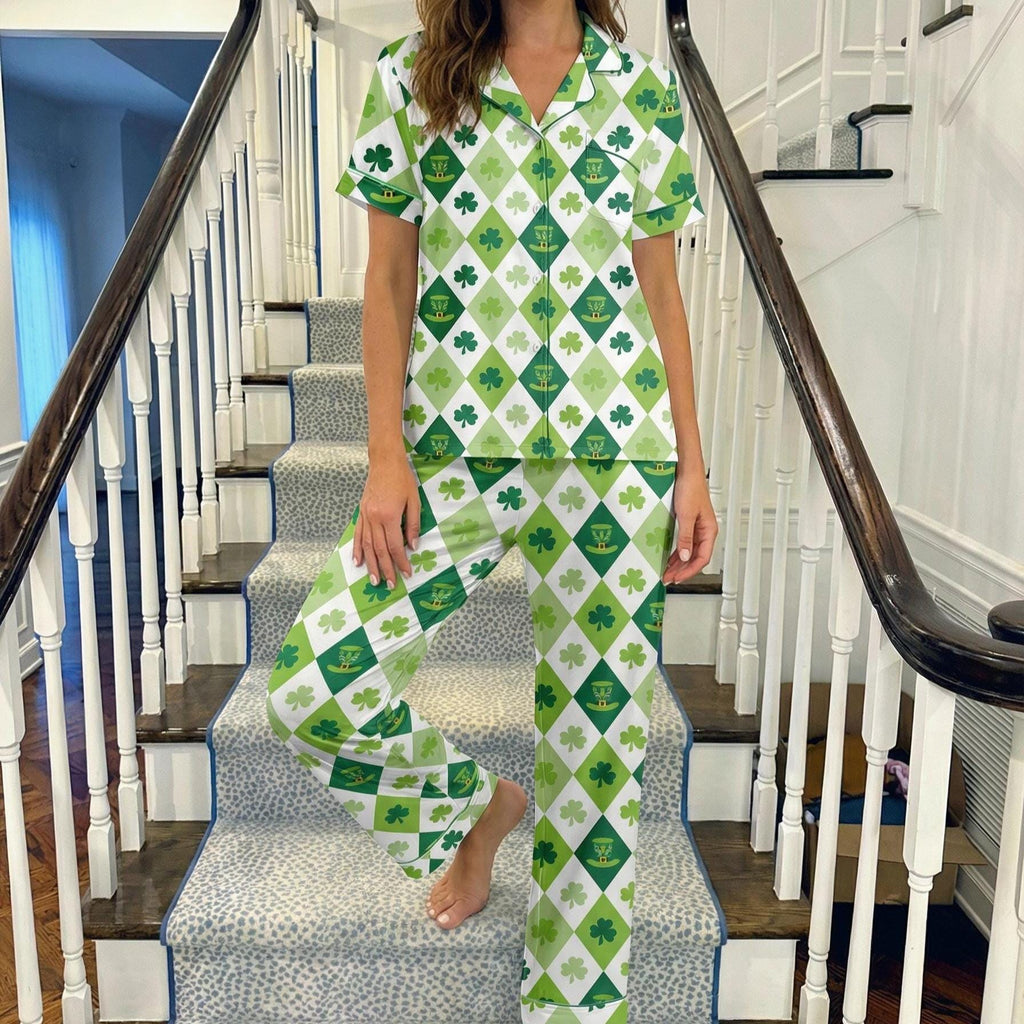 Women's Shamrock Pajama Set, St. Patrick's Day Loungewear, Lightweight Green Sleepwear