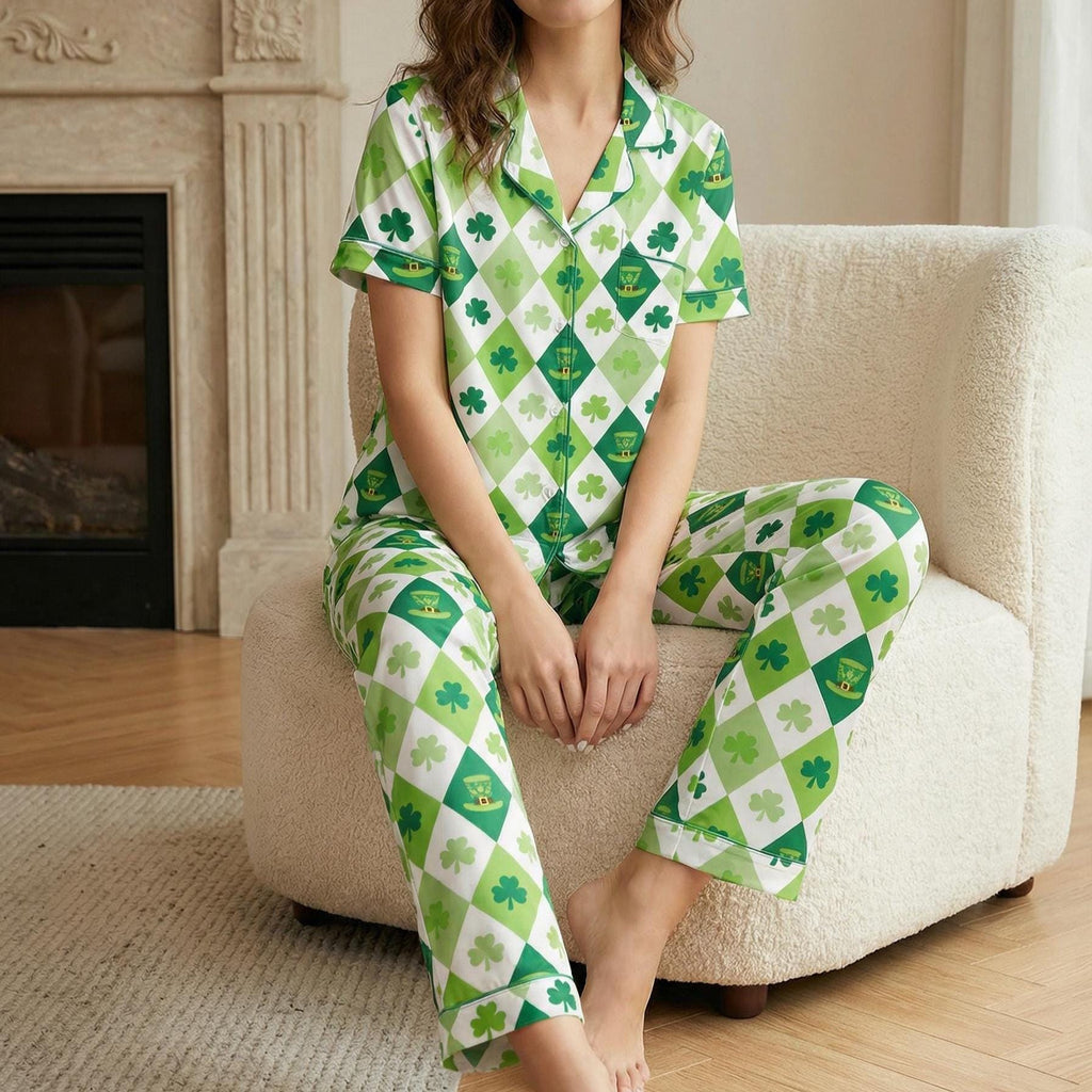 Women's Shamrock Pajama Set, St. Patrick's Day Loungewear, Lightweight Green Sleepwear