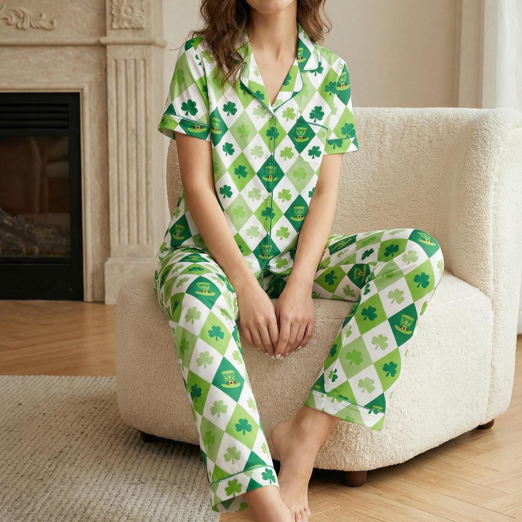 Women's Shamrock Pajama Set, St. Patrick's Day Loungewear, Lightweight Green Sleepwear