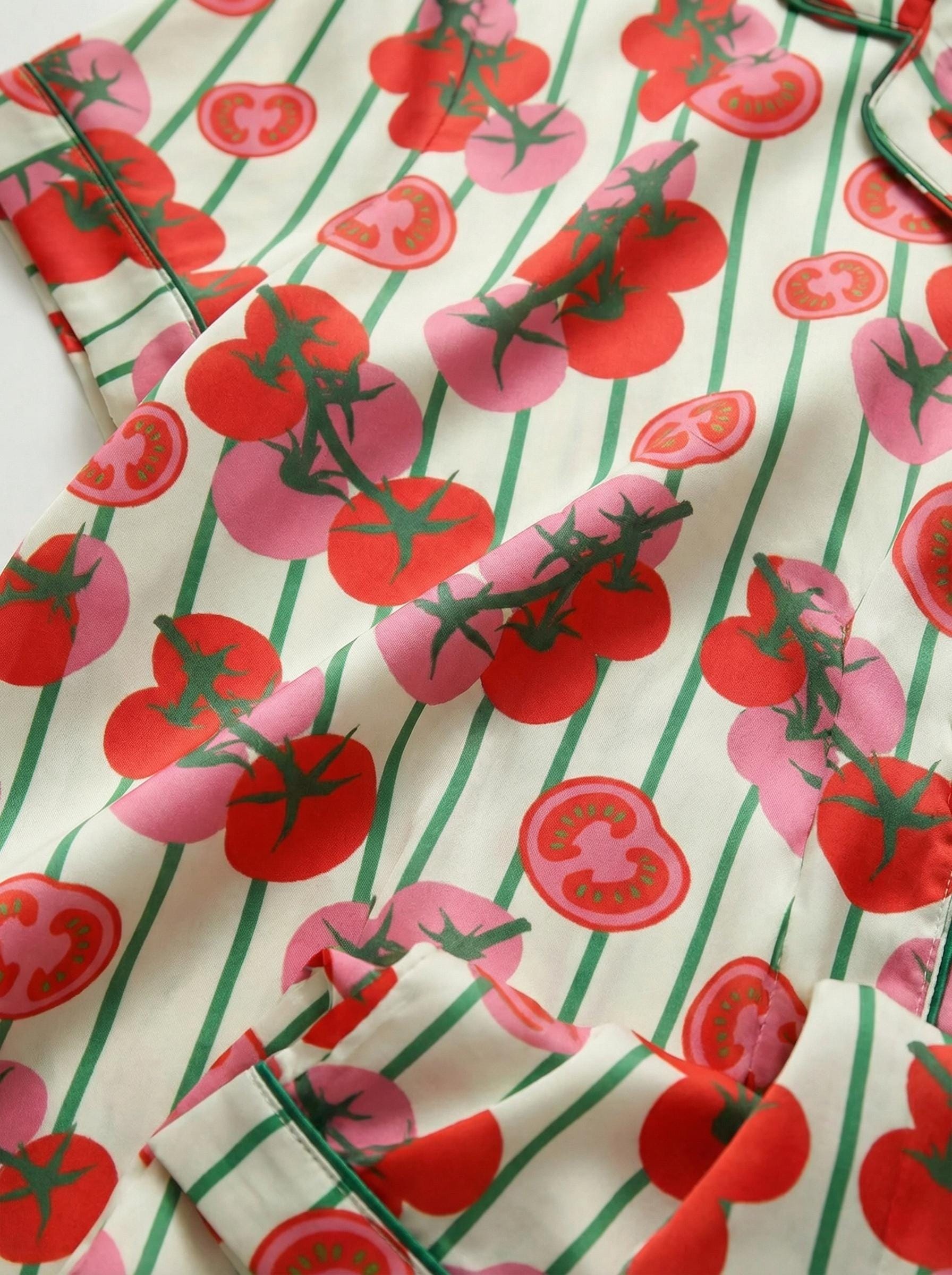 Women’s Long Sleeve Pajama Set – Tomato Print Sleepwear with Striped Design, Cozy Loungewear for Home