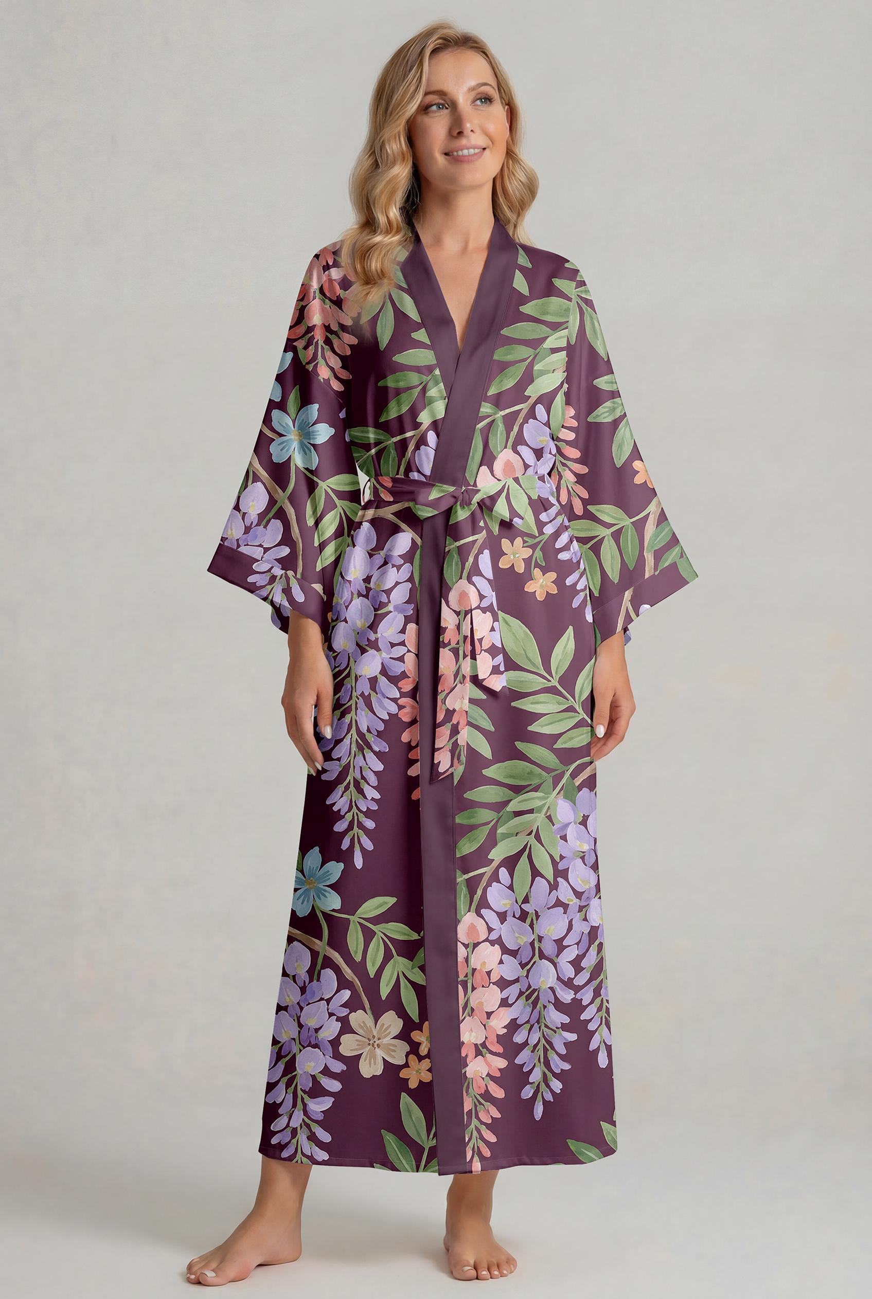 Women's Tropical Floral Leopard Kimono Robe, Lightweight Resort Beach Cover Up