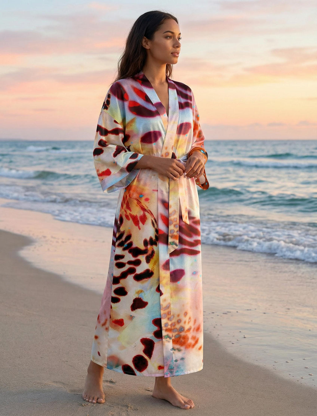 Tropical Floral Leopard Kimono Robe, Silky Polyester Beach Resort Wear