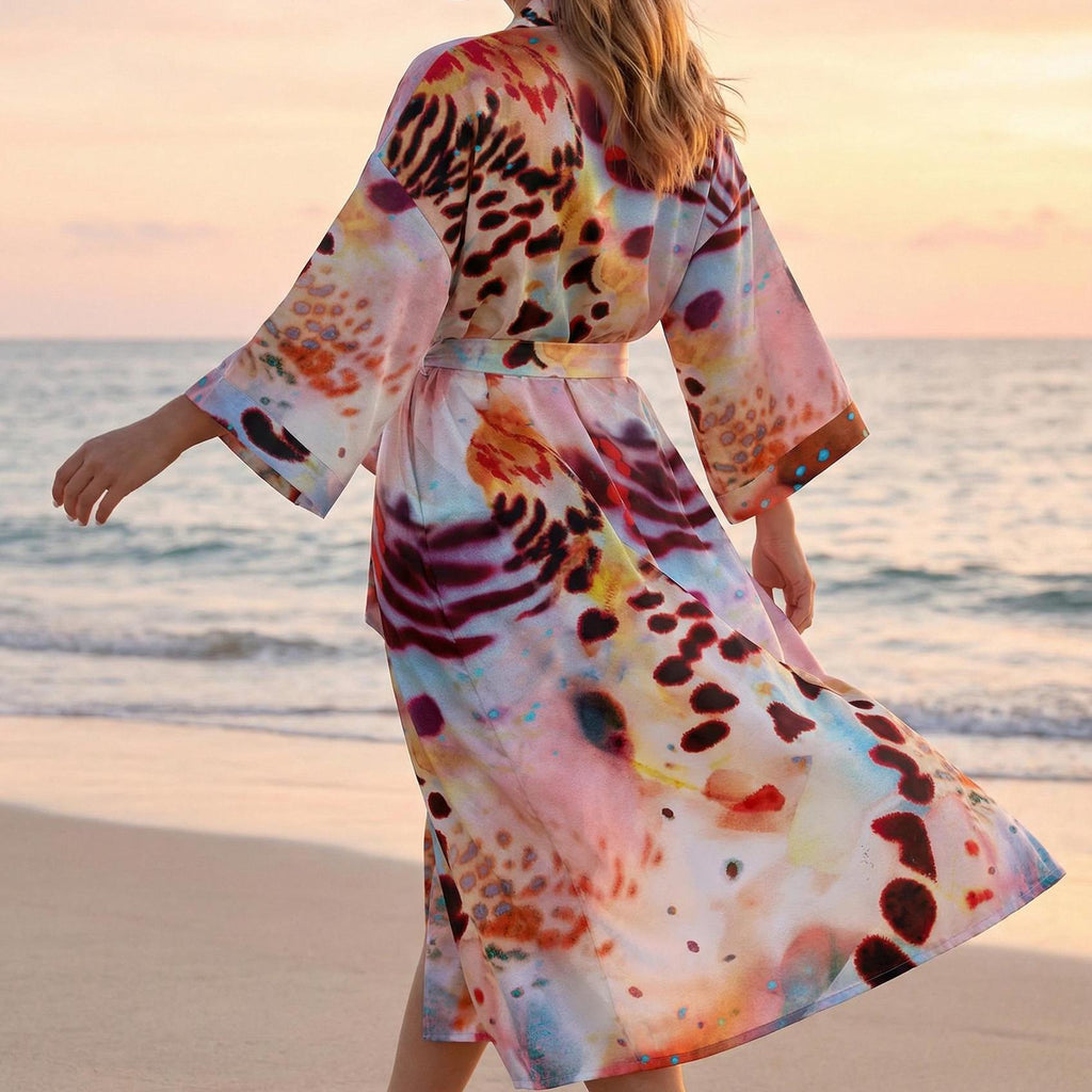 Tropical Floral Leopard Kimono Robe, Silky Polyester Beach Resort Wear