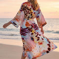 Tropical Floral Leopard Kimono Robe, Silky Polyester Beach Resort Wear
