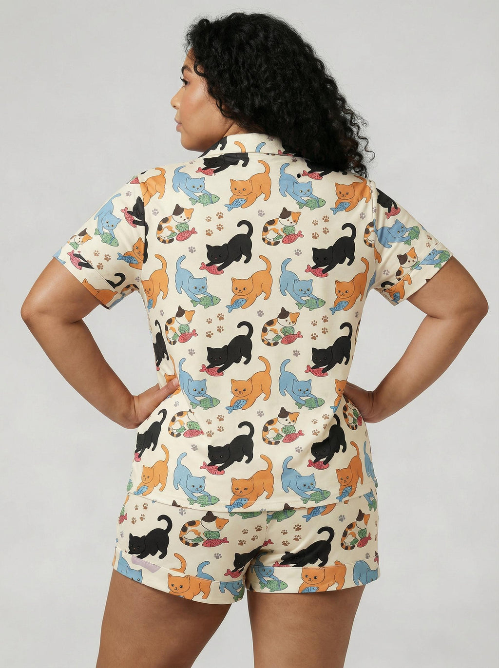 Plus Size Cat Print Pajama Set – Soft Satin Sleepwear, Lightweight Lounge PJs