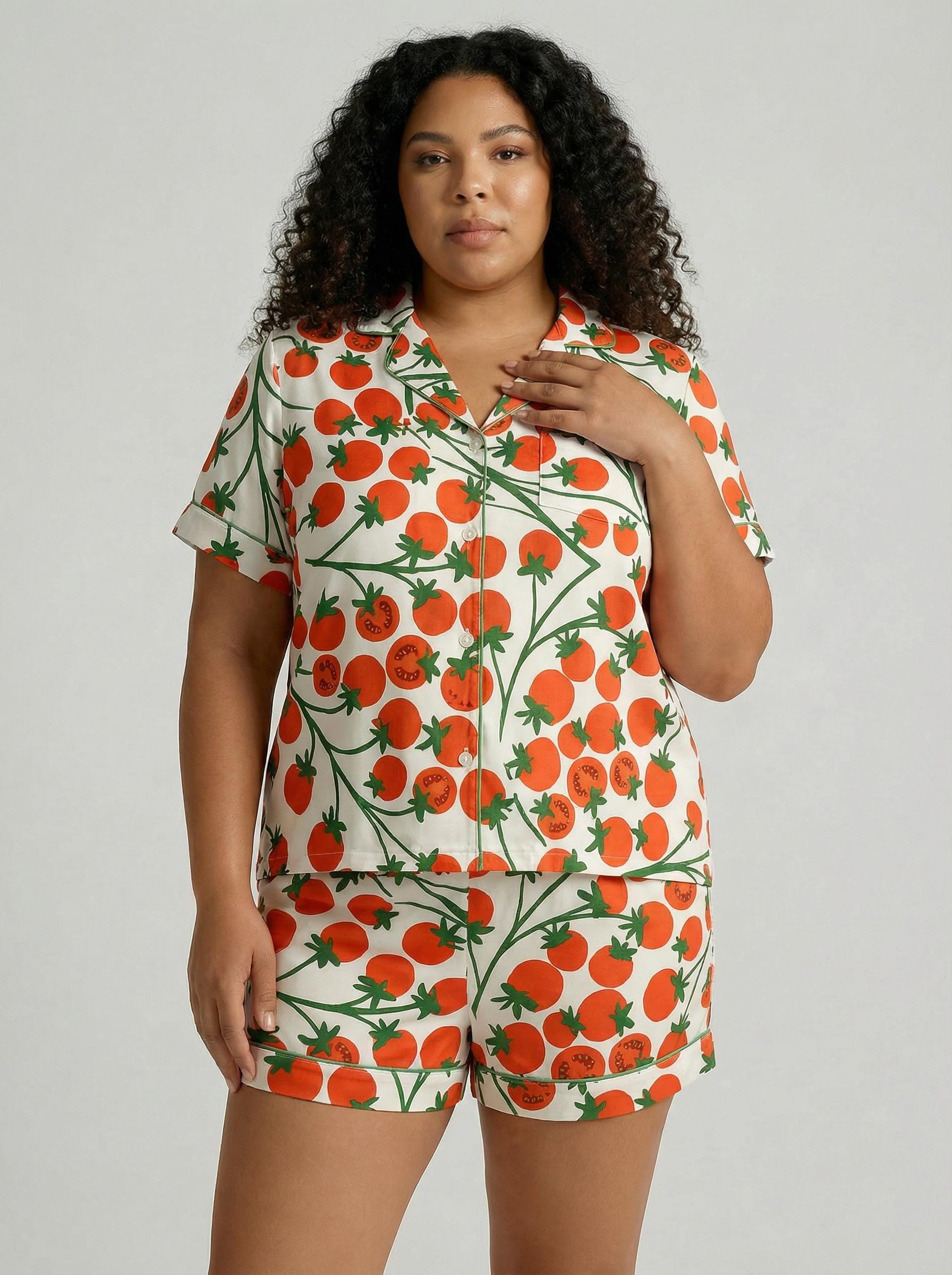Women's Tomato Print Pajama Set – Short Sleeve Sleepwear, Relaxed Fit Lounge Set