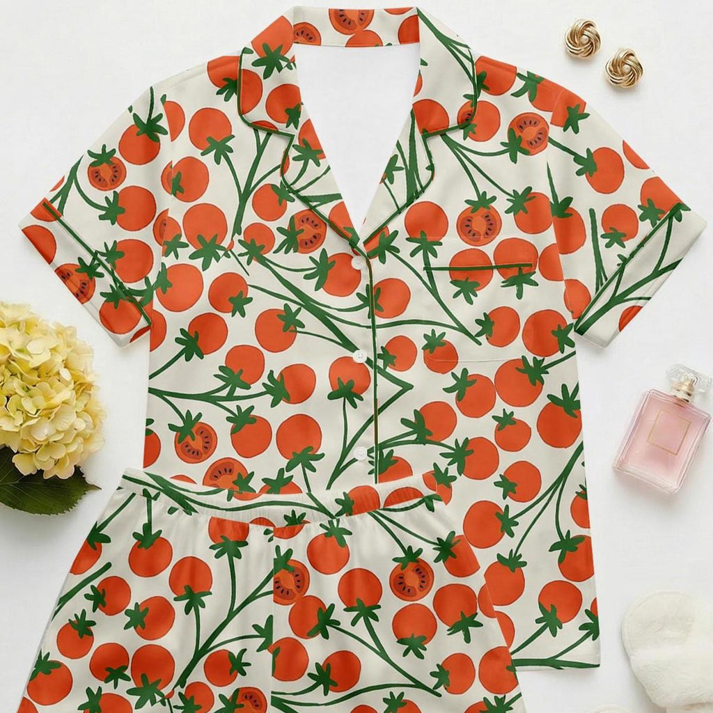 Women's Tomato Print Pajama Set – Short Sleeve Sleepwear, Relaxed Fit Lounge Set