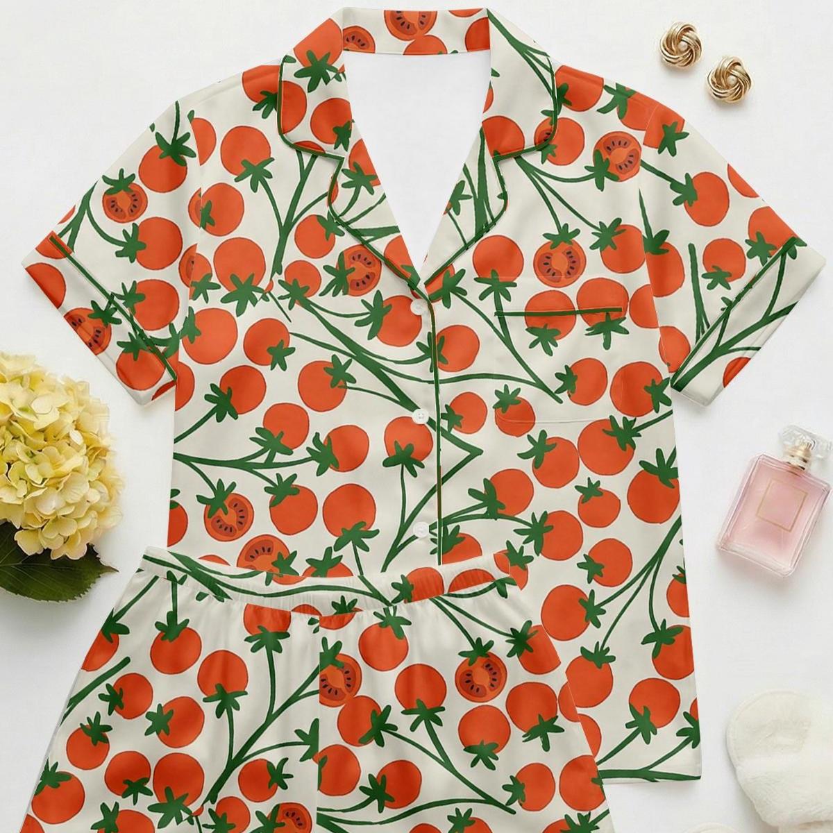 Women's Tomato Print Pajama Set – Short Sleeve Sleepwear, Relaxed Fit Lounge Set