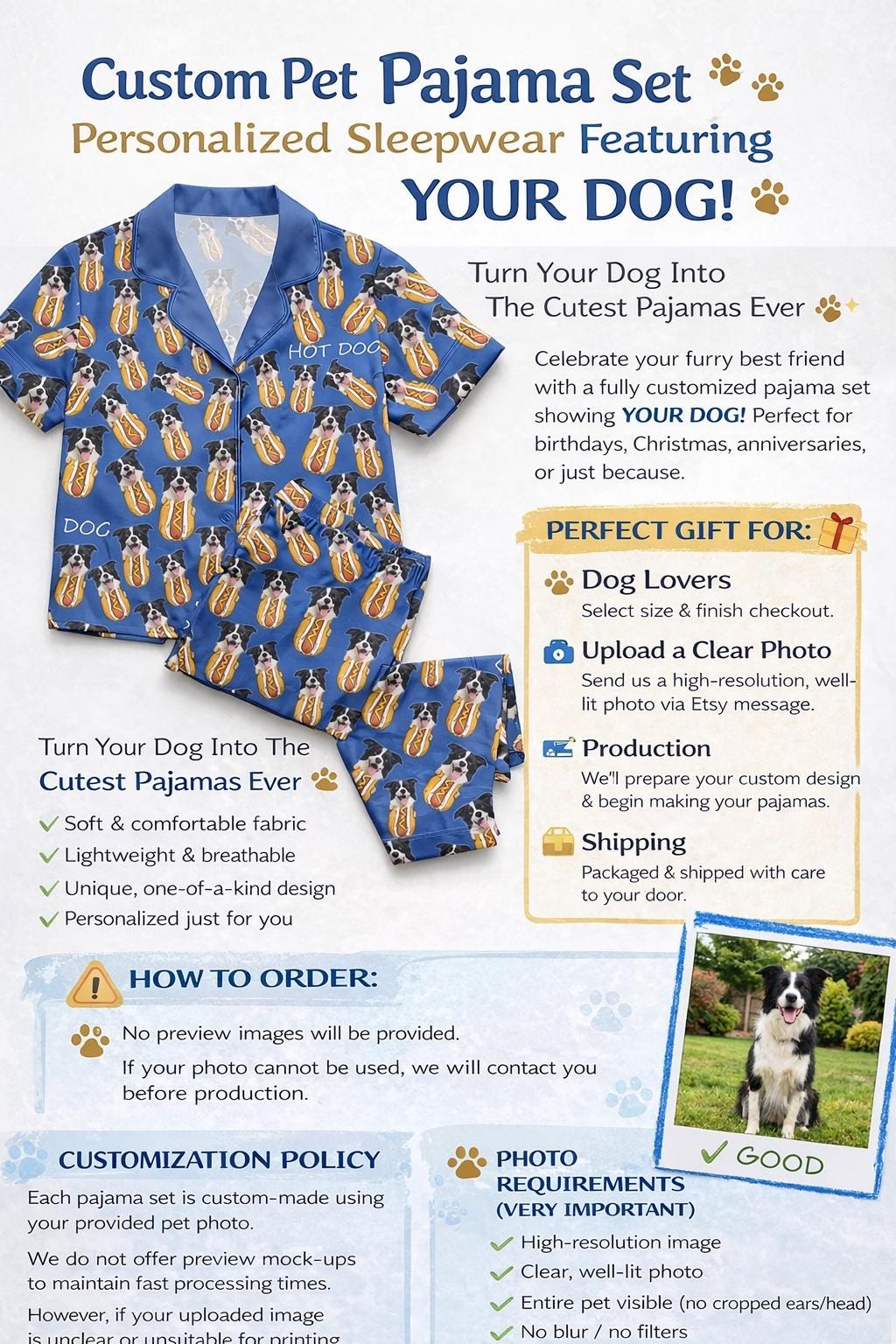 Custom Pet Photo Pajama Set, Personalized Dog Sleepwear, Pet Lover Gift