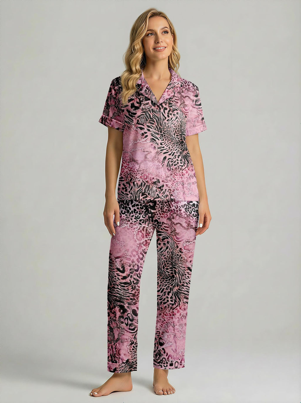 Women's Pink Animal Print Satin Pajama Set | Faux Silk Sleepwear Loungewear