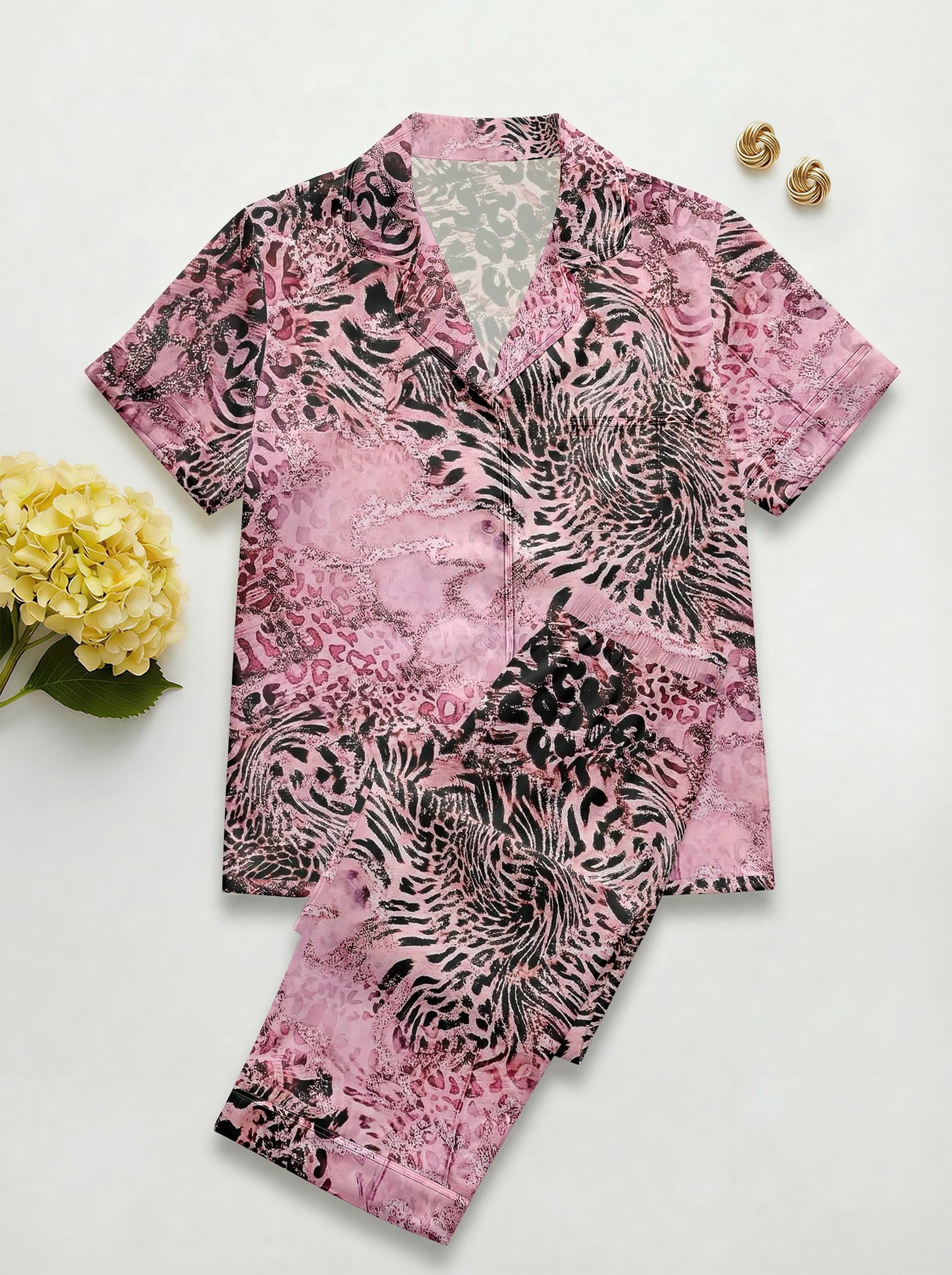 Women's Pink Animal Print Satin Pajama Set | Faux Silk Sleepwear Loungewear