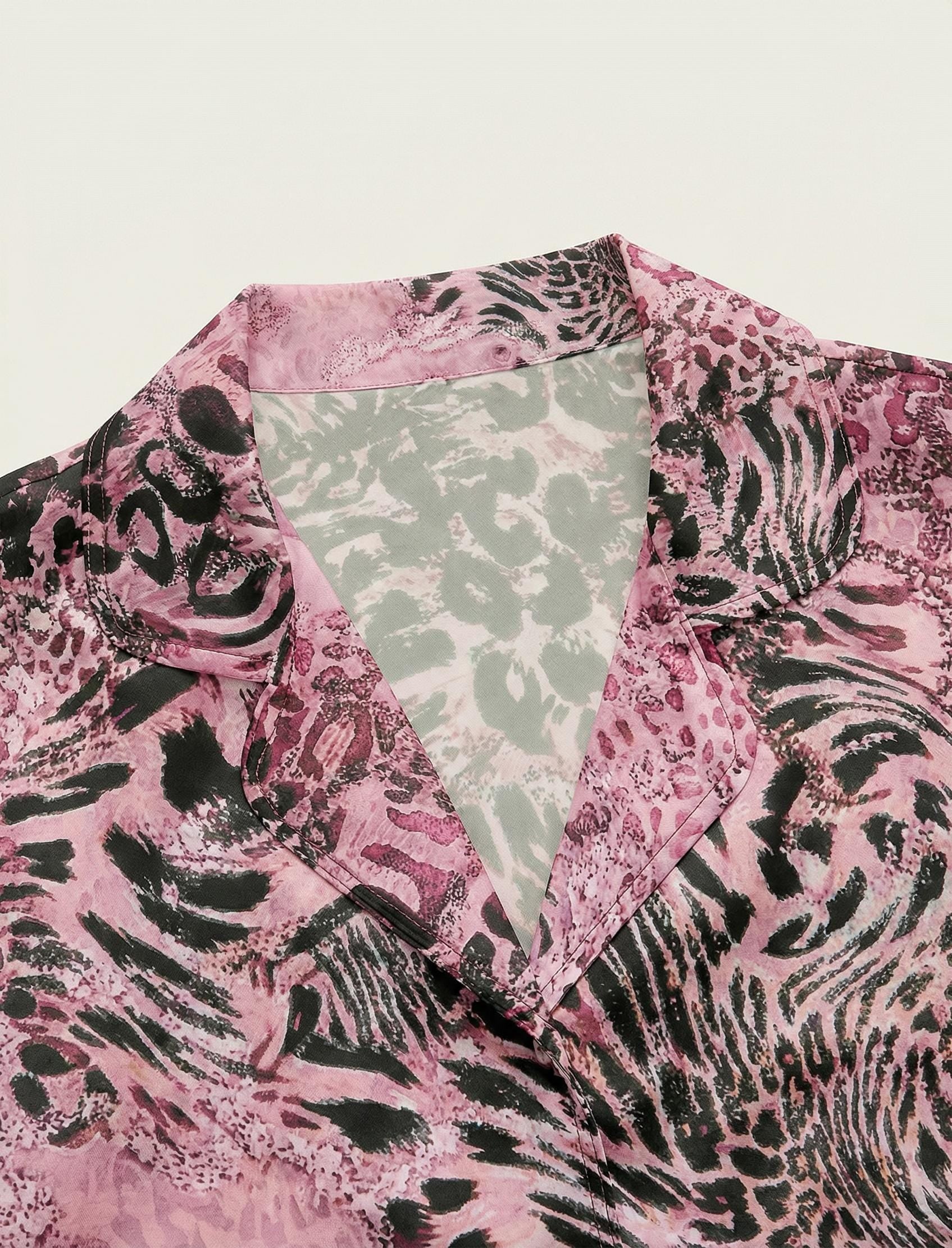 Women's Pink Animal Print Satin Pajama Set | Faux Silk Sleepwear Loungewear