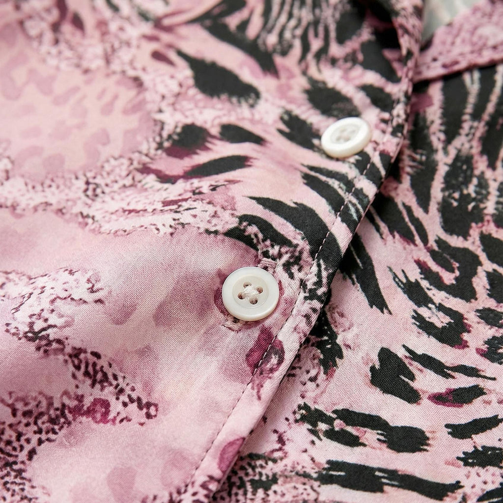 Women's Pink Animal Print Satin Pajama Set | Faux Silk Sleepwear Loungewear