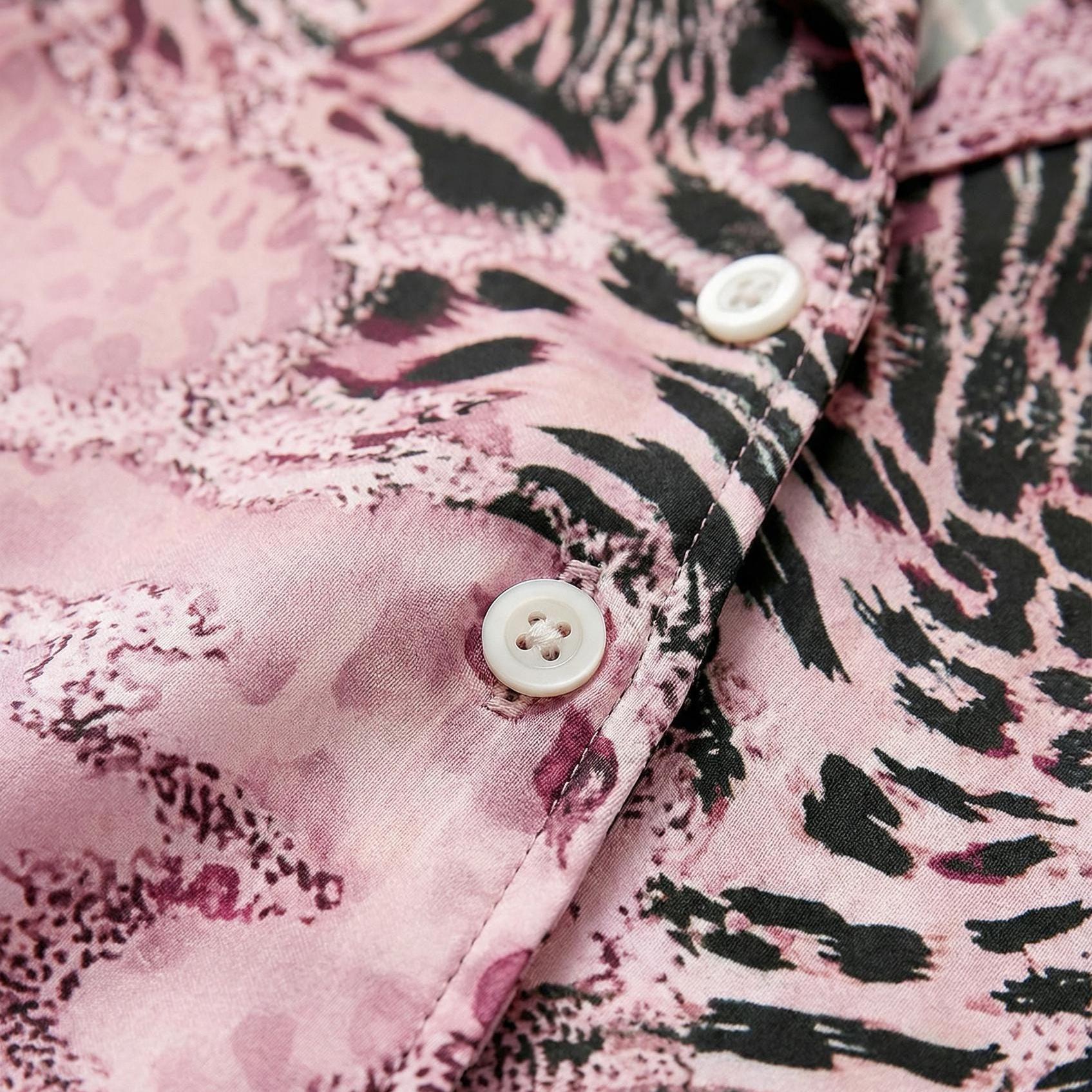 Women's Pink Animal Print Satin Pajama Set | Faux Silk Sleepwear Loungewear
