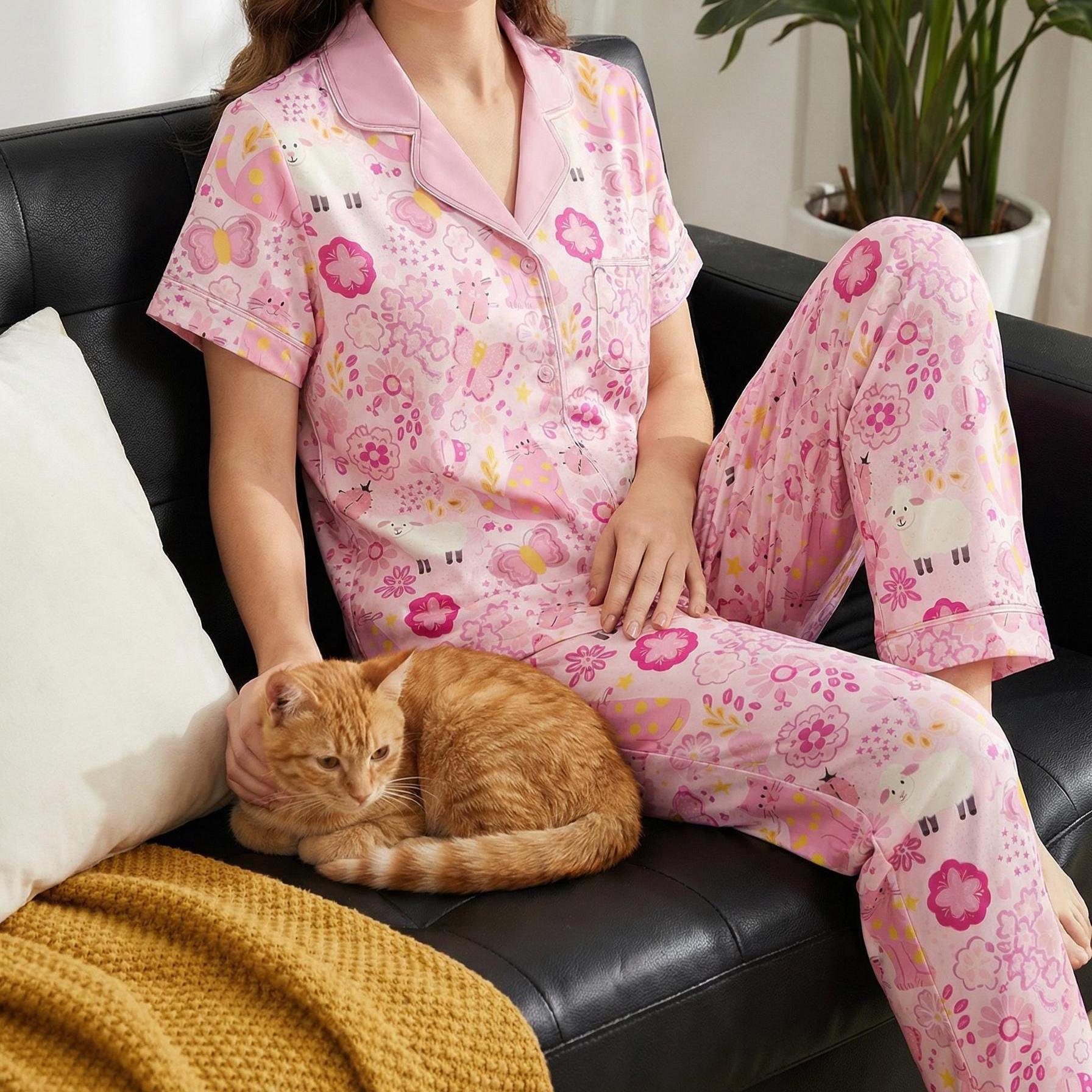 Pink Cat Pajama Set for Women | Short Sleeve Lounge Sleepwear, Satin Pajama Set, Cat Meme Xmas Wedding Pajamas,  Gift for Her