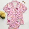 Pink Cat Pajama Set for Women | Short Sleeve Lounge Sleepwear, Satin Pajama Set, Cat Meme Xmas Wedding Pajamas,  Gift for Her