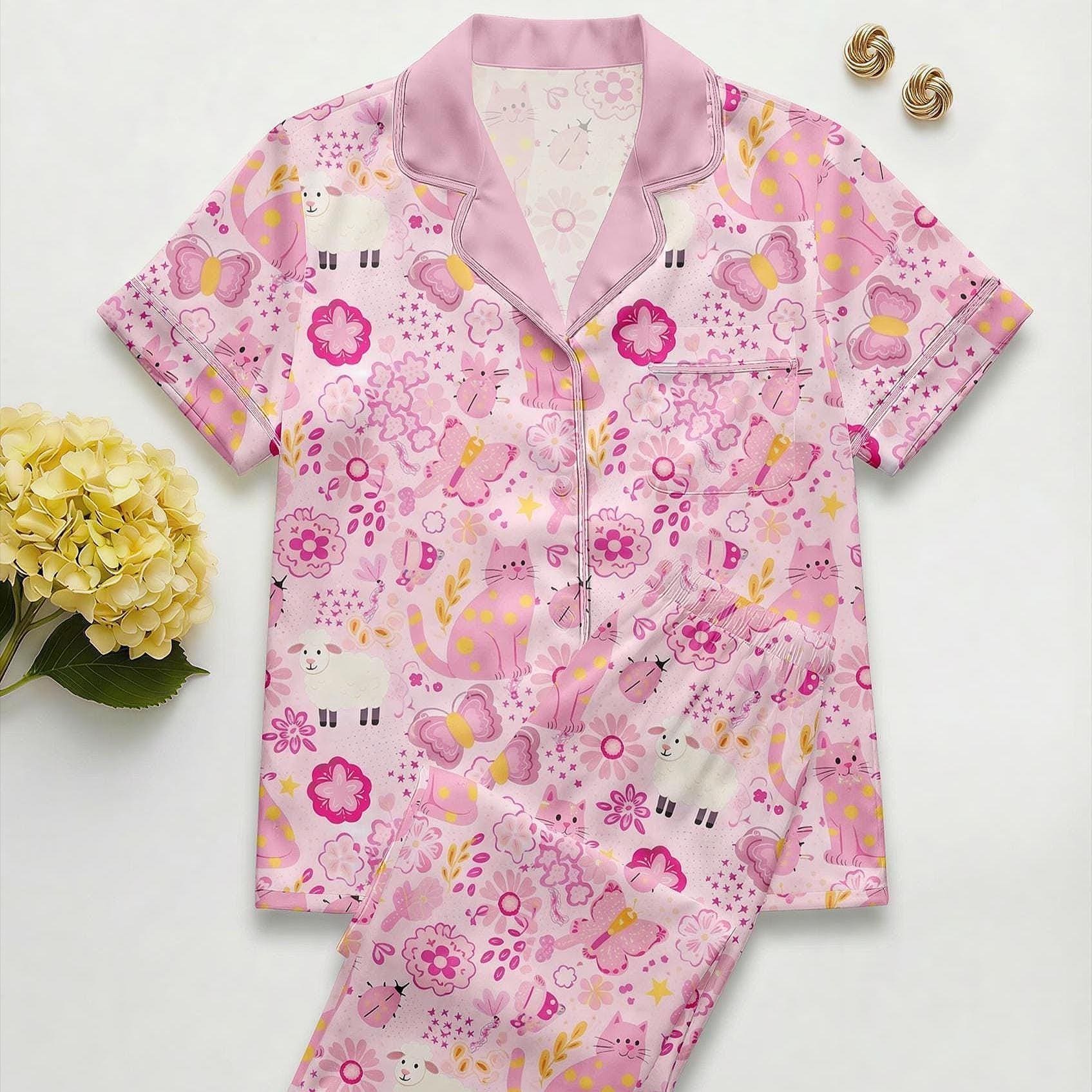 Pink Cat Pajama Set for Women | Short Sleeve Lounge Sleepwear, Satin Pajama Set, Cat Meme Xmas Wedding Pajamas,  Gift for Her